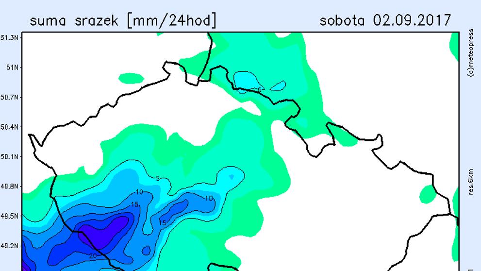 Mapa srážek na sobotu 2.9. 2017