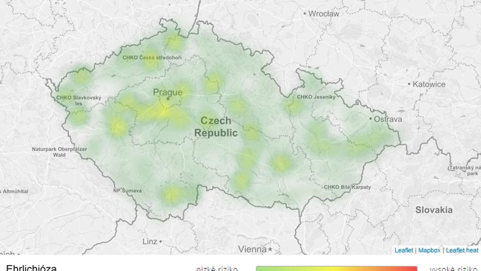 Mapa aktivity klíšťat na území České republiky - Ehrlichióza
