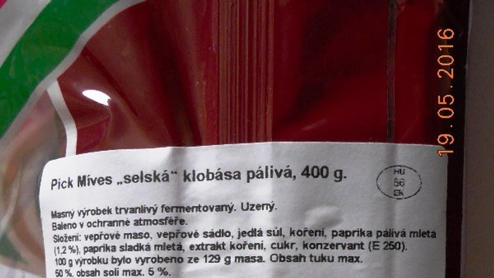 Falšované masné a mléčné výrobky ze zahraničí - Pick Mives klobása pálivá