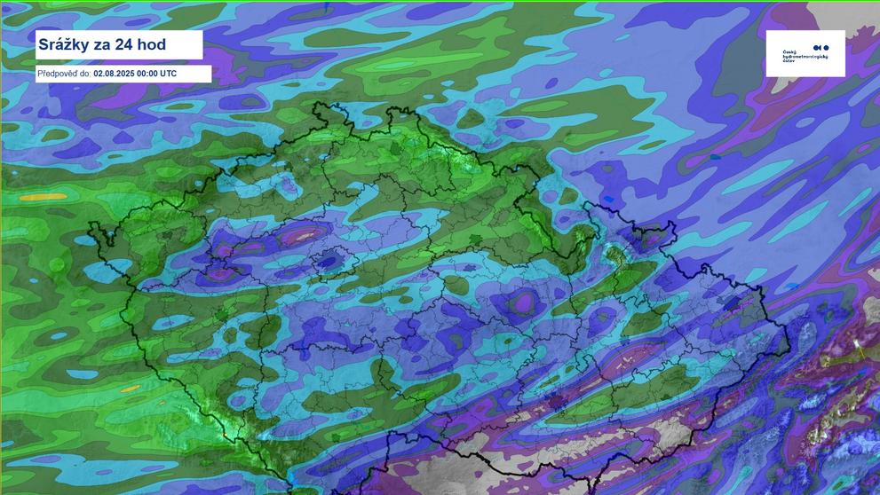Srážky za 24 hodin – pátek 1. 8. 2025