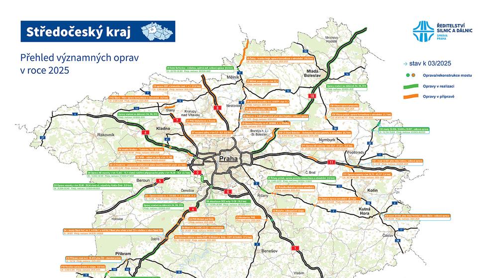 Středočeský kraj a Praha - mapa oprav