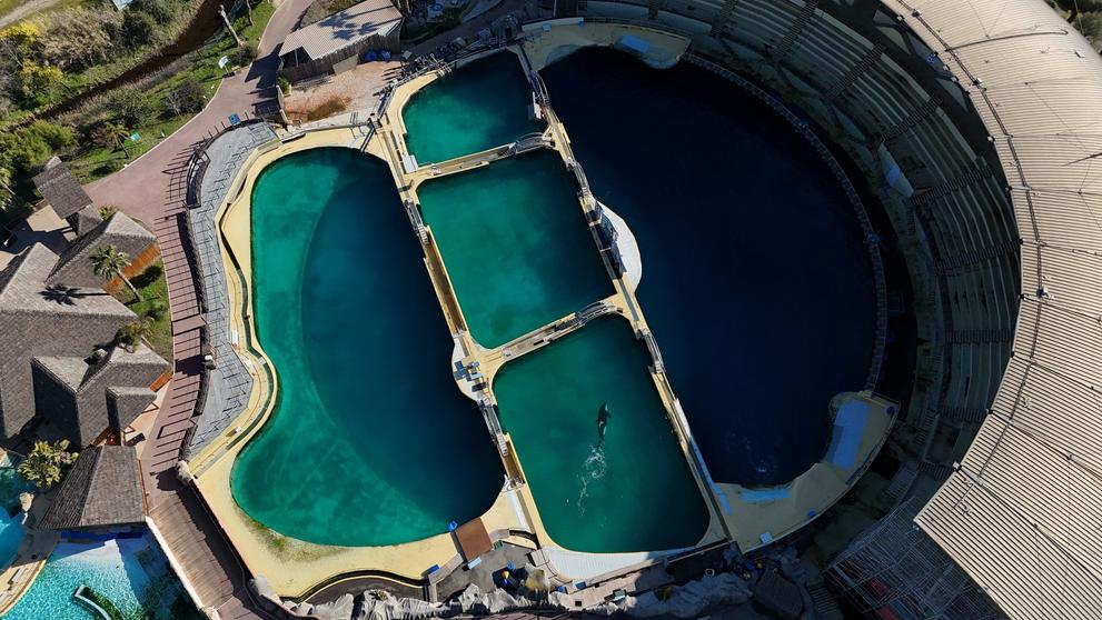 Uzavřený hotel Marineland ve Francii, kde žije kosatka Wikie a její mládě Keijo ve zchátralé nádrži, 15. 2. 2025
