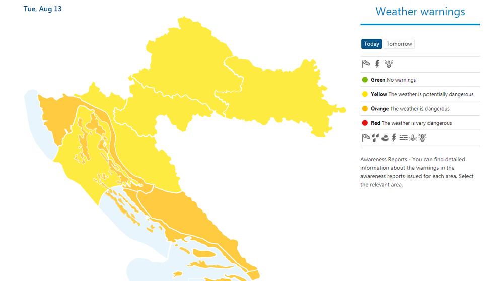 Výstraha před bouřkami a vysokými teplotami - Chorvatsko