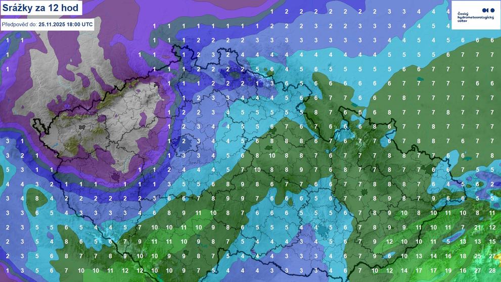Srážky za 12 hodin – úterý 25. 11.