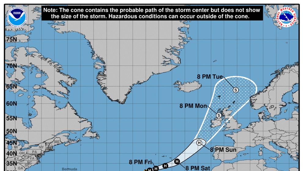 Předpověď postupu hurikánu Ophelia