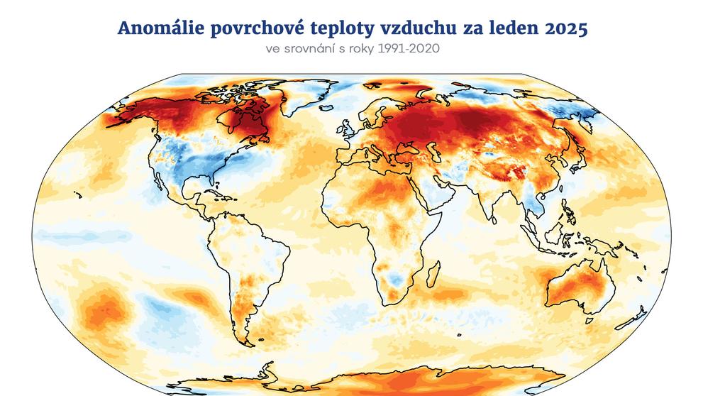 Anomálie povrchové teploty vzduchu za leden 2025 ve srovnání s lednovým průměrem za období 1991-2020