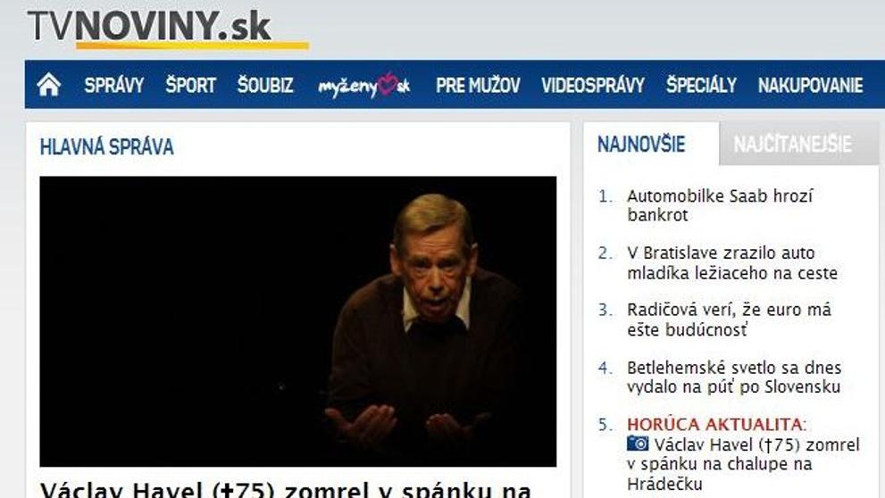 Web tvnoviny.sk informuje o smrti Václava Havla
