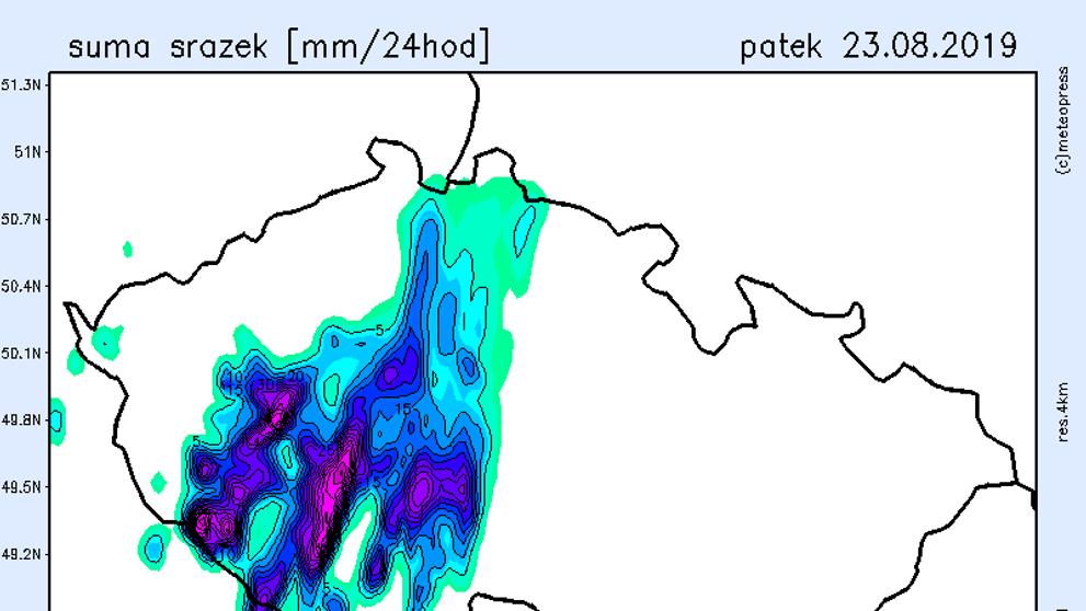 Srážkové mapy - pátek 23. 8. 2019