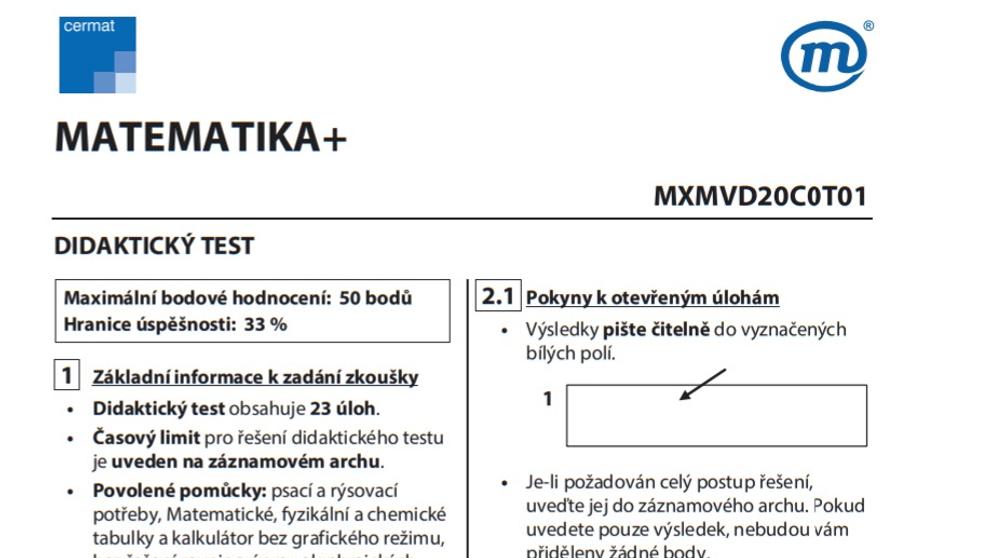 Didaktický test z vyšší úrovně matematiky - 1