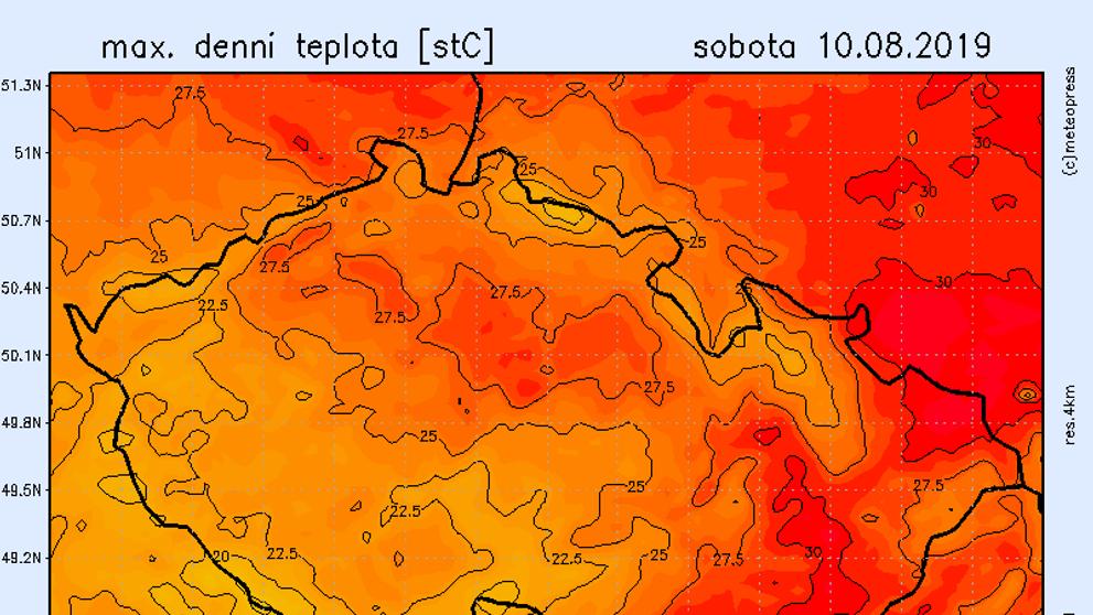 Teplotní mapa - sobota 10. 8. 2019