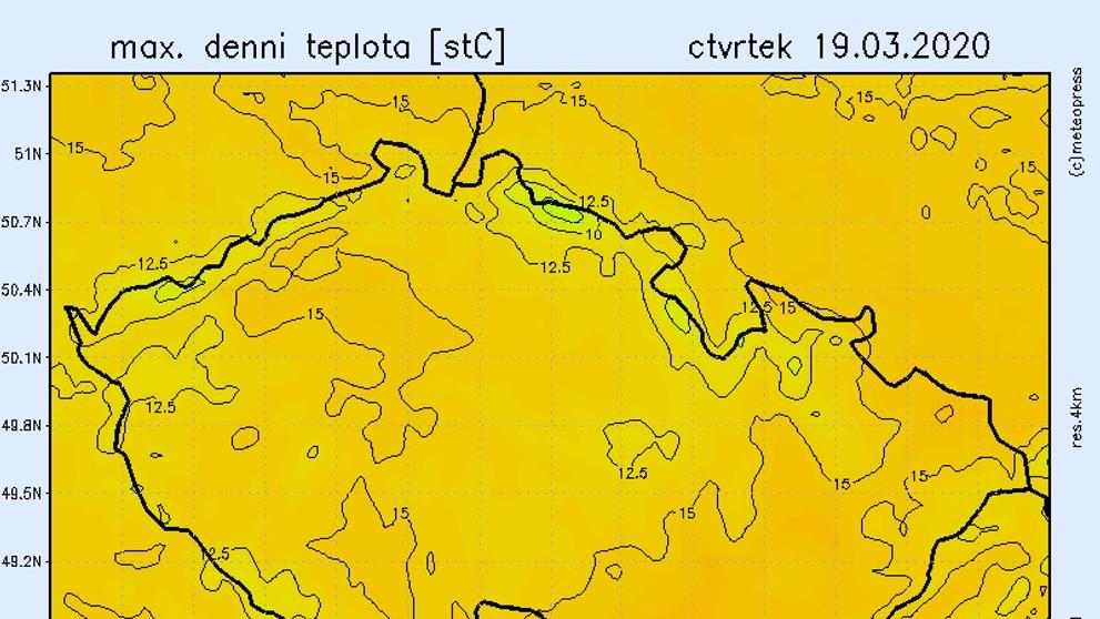 Teplotní mapy - čtvrtek 19. 3.