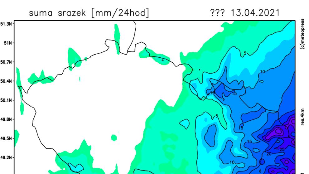 Mapa srážek - úterý 13. dubna