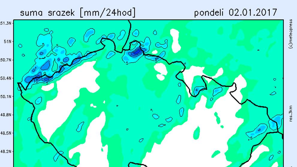 Mapy srážek - pondělí 2.1.2017