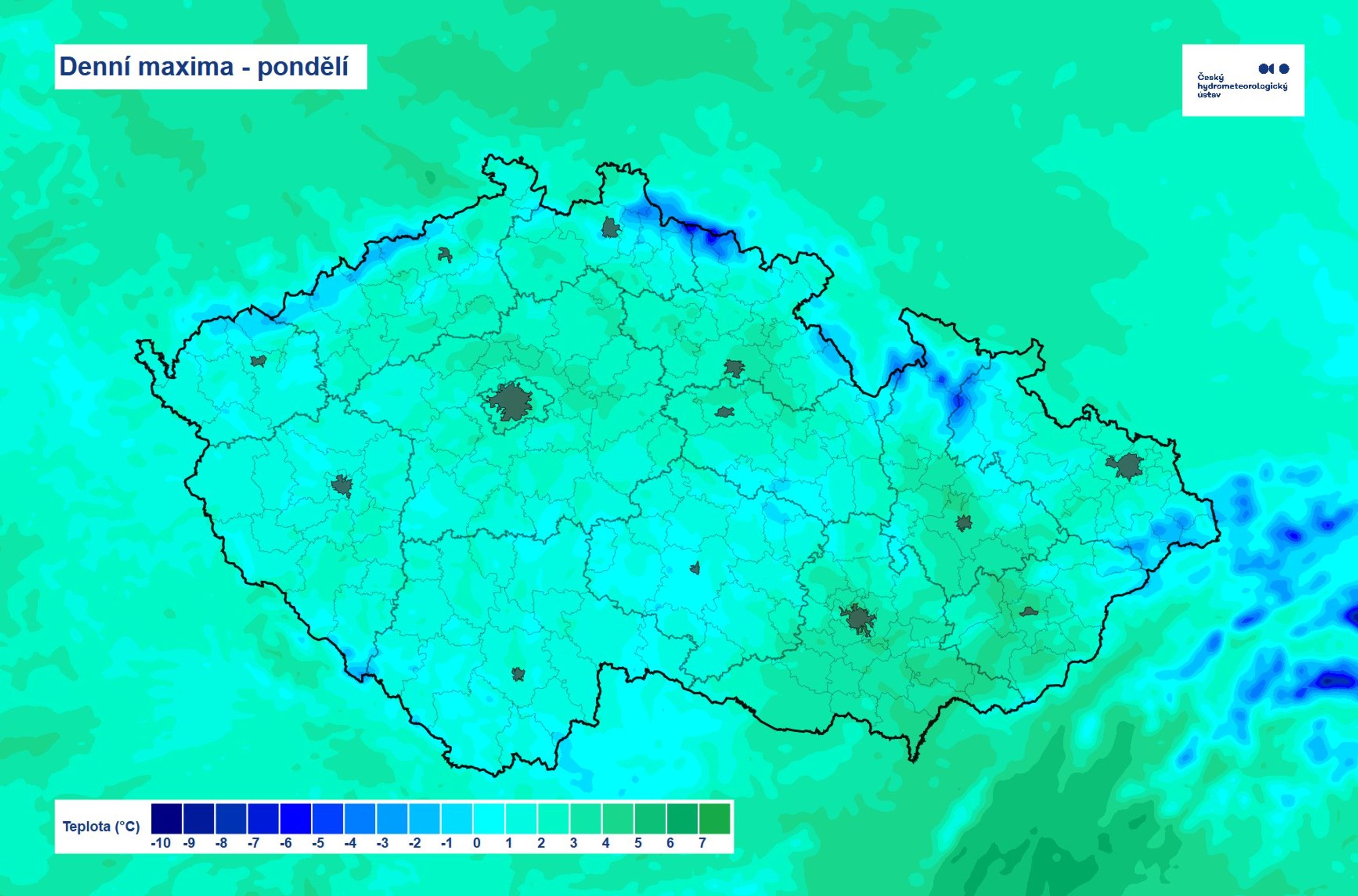 Denní maxima - pondělí - Předpověď počasí (2/3)