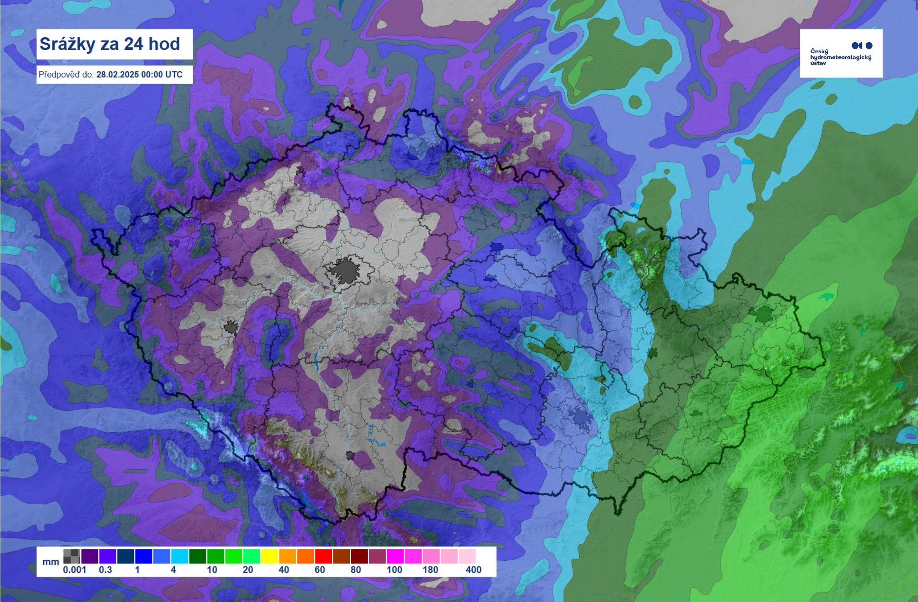 Srážky za 24 hodin, předpověď do 28. 2. 2025 - Předpověď počasí (2/3)