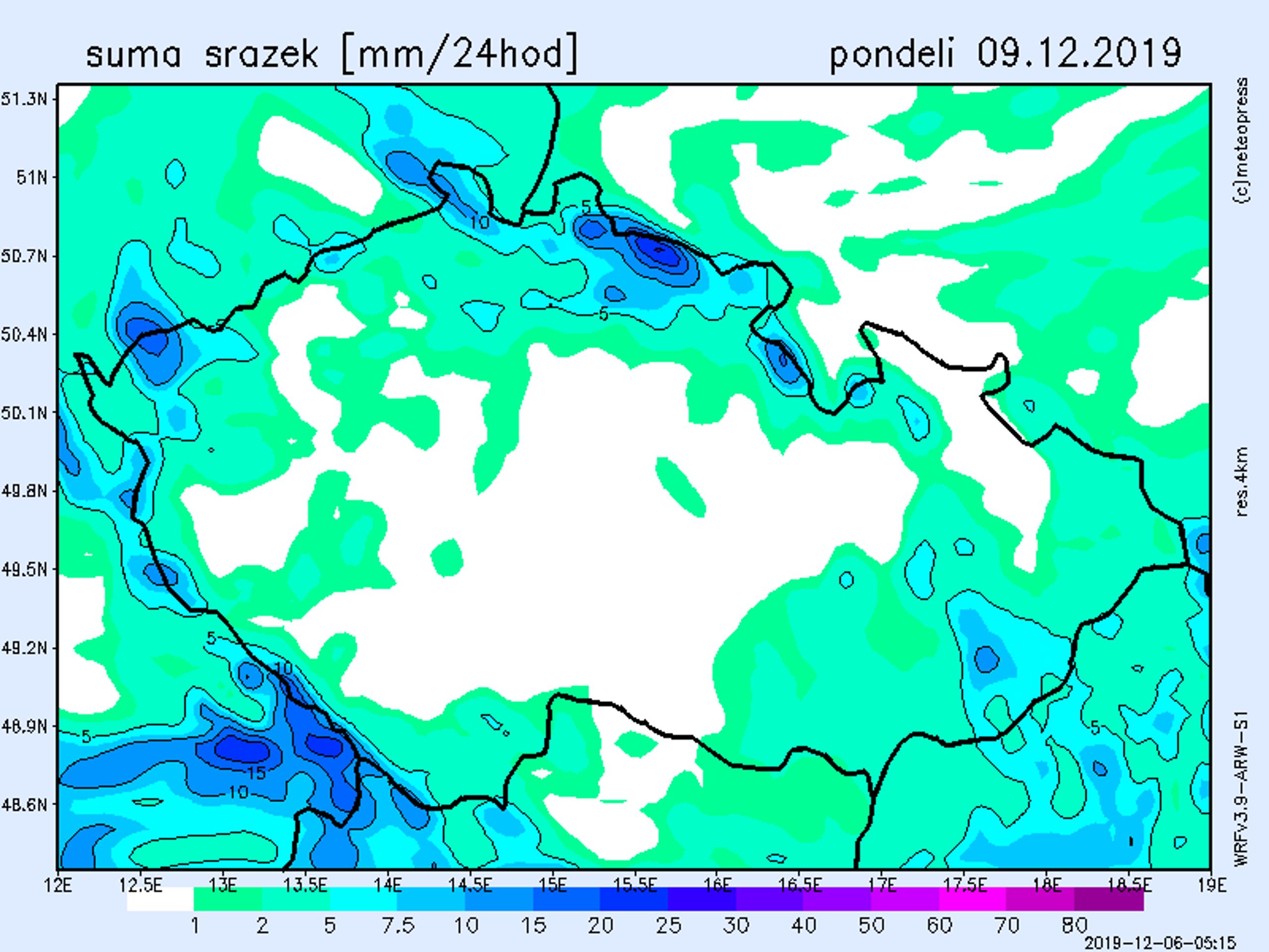 Srážkové mapy - pondělí 9. 12. 2019 - GALERIE: V Česku napadne čerstvý sníh (4/4)