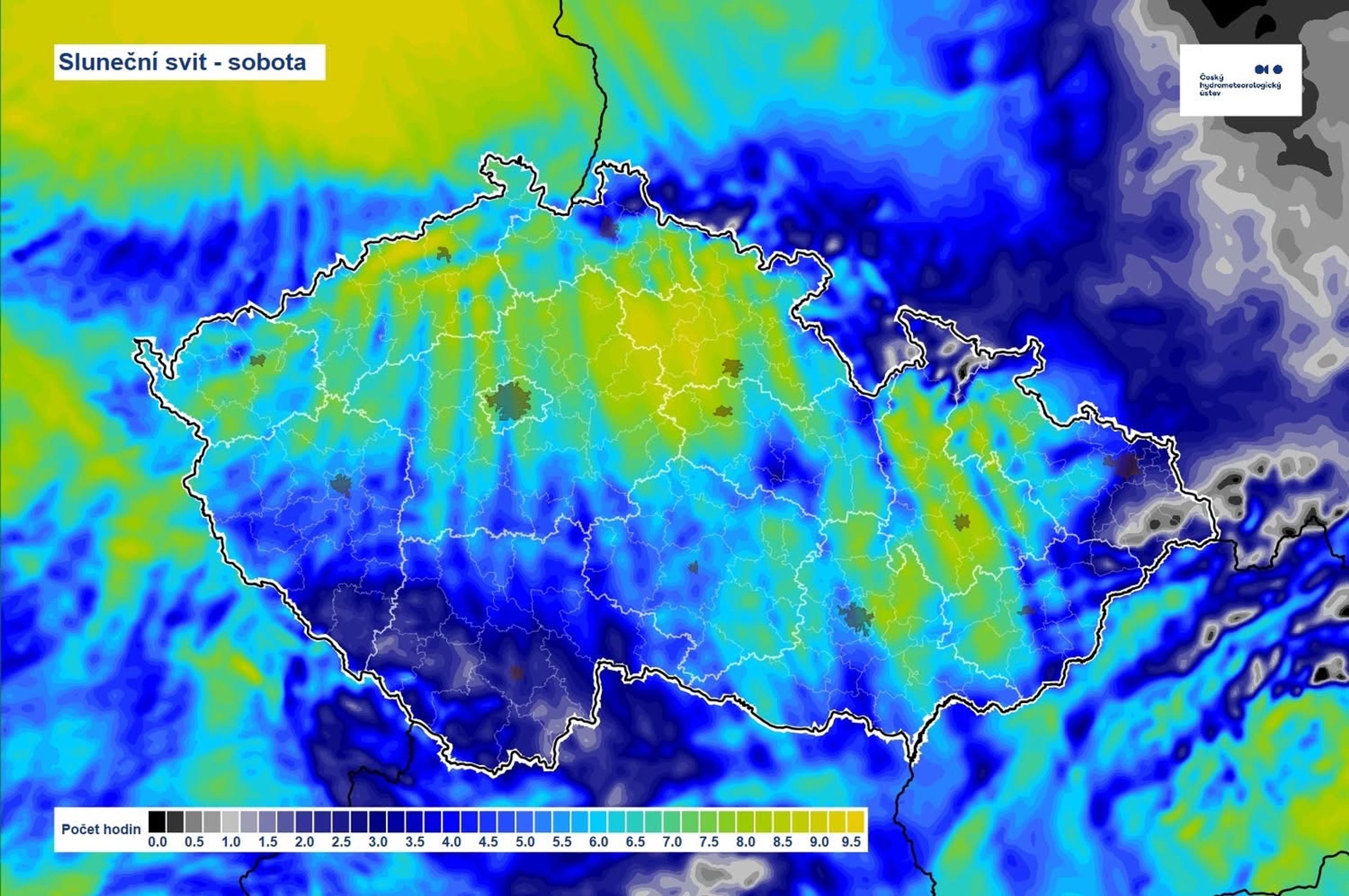 Sluneční svit – sobota - Mapa slunečního svitu na víkend (1/2)