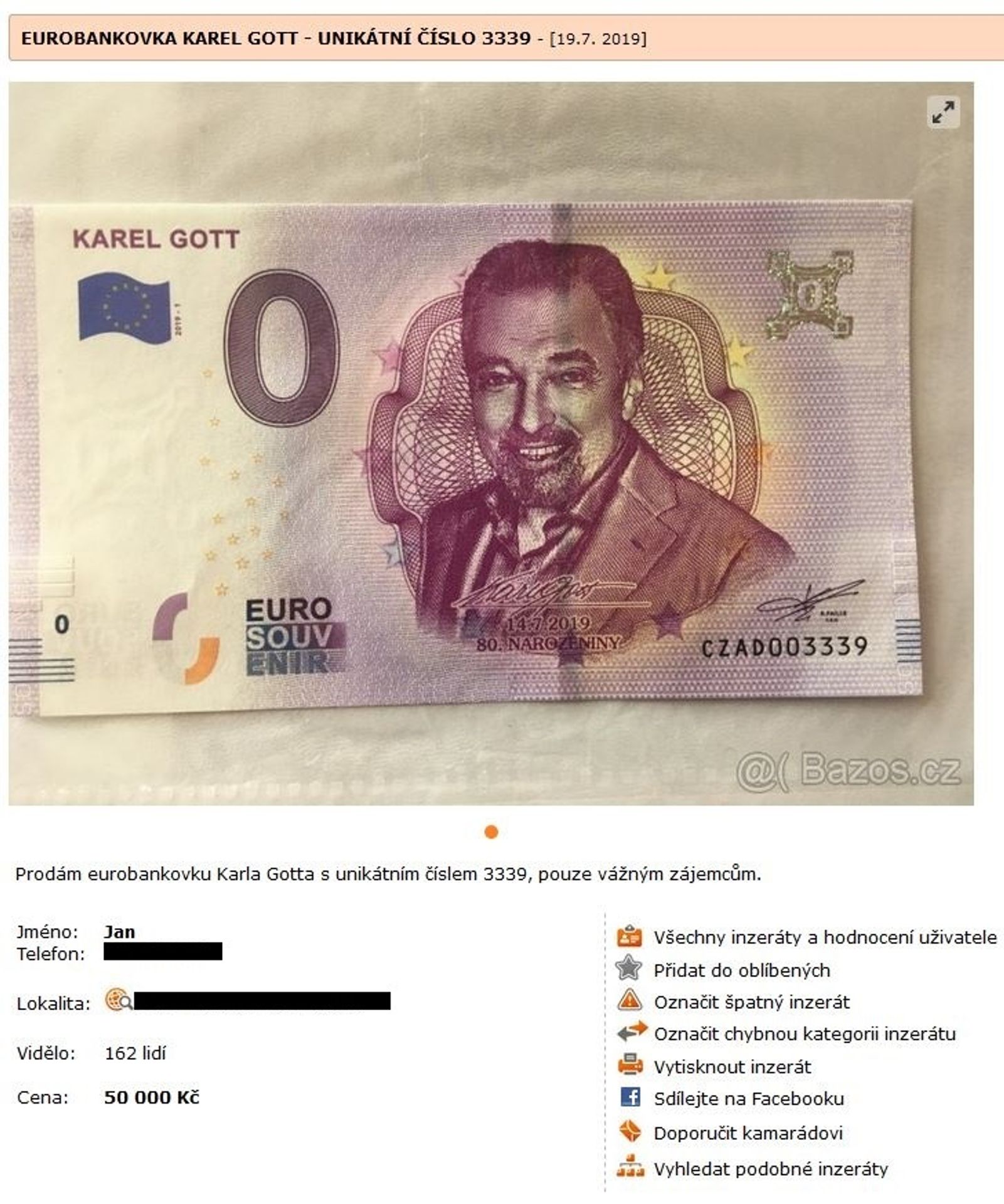 Bankovky s Karlem Gottem se prodávají za desítky tisíc - 4 - GALERIE: Výběr nejdražších inzerátů bankovek s Karlem Gottem (3/6)