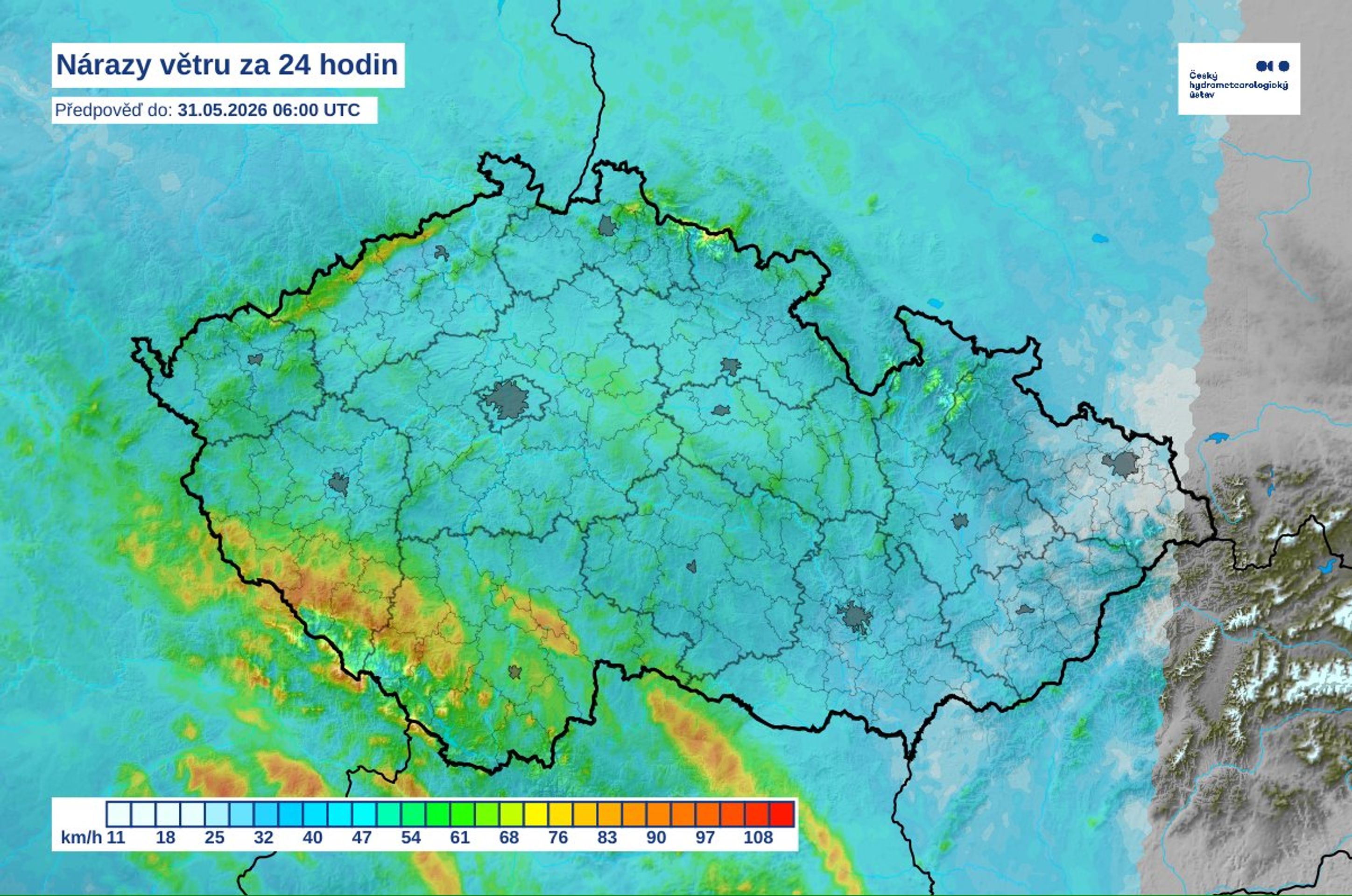 Nárazy větru za 24 hodin - Výstraha ČHMÚ (5/5)