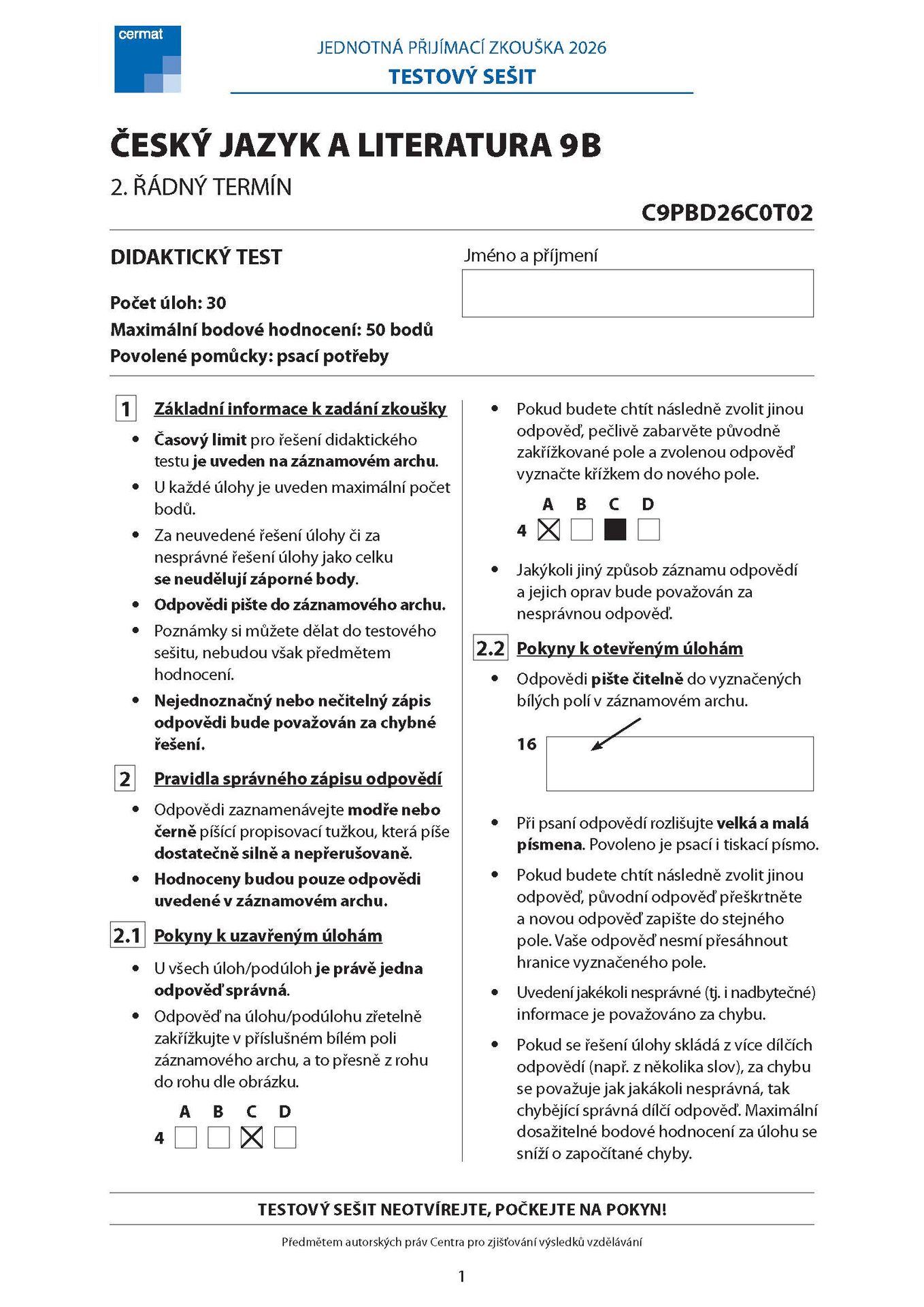 cestina_zadani_C9B_2026_TS_Stránka_01 - Přijímací zkoušky z českého jazyka a literatury (1/13)