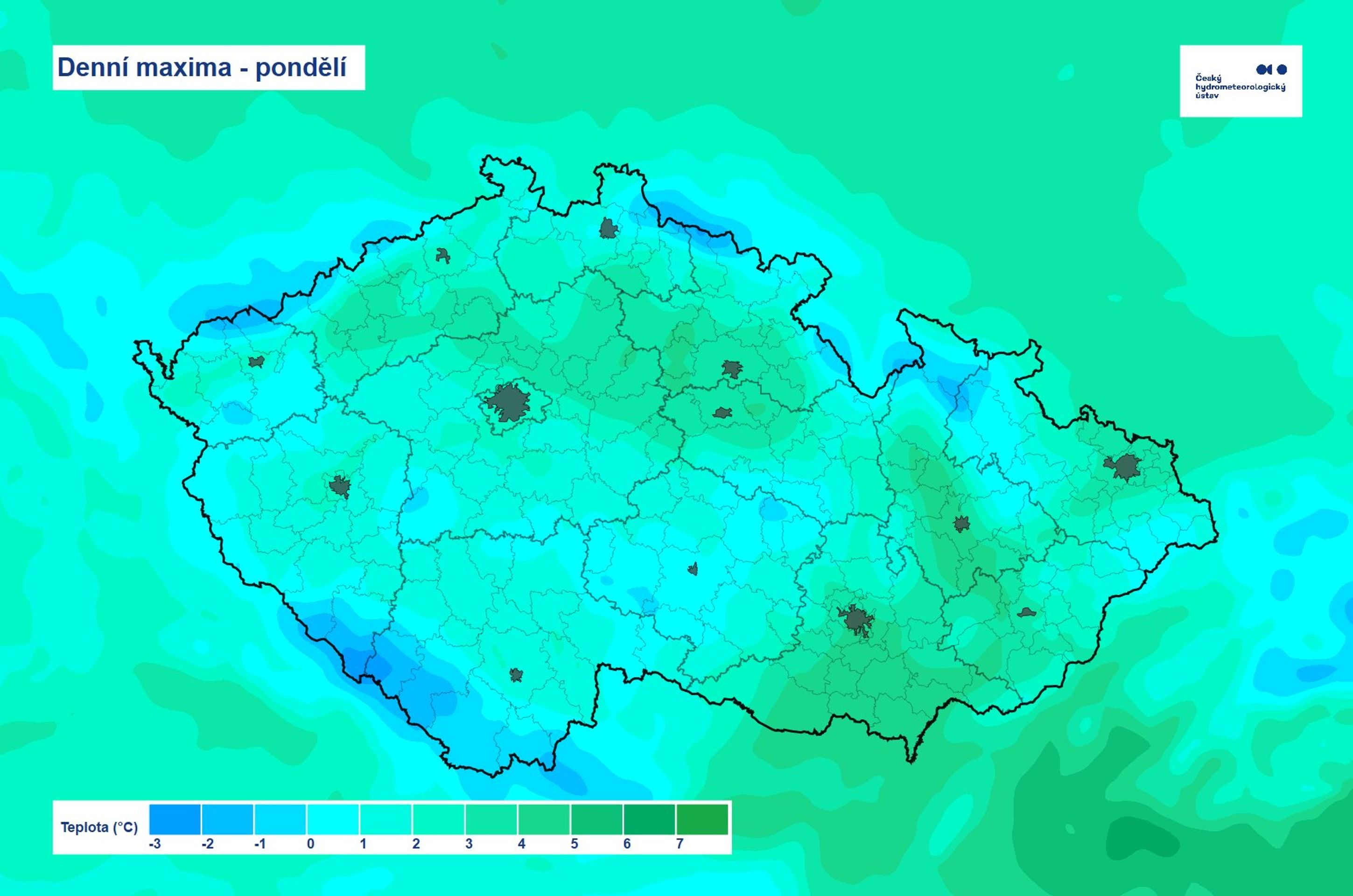 Denní maxima - pondělí - Předpověď počasí (1/4)