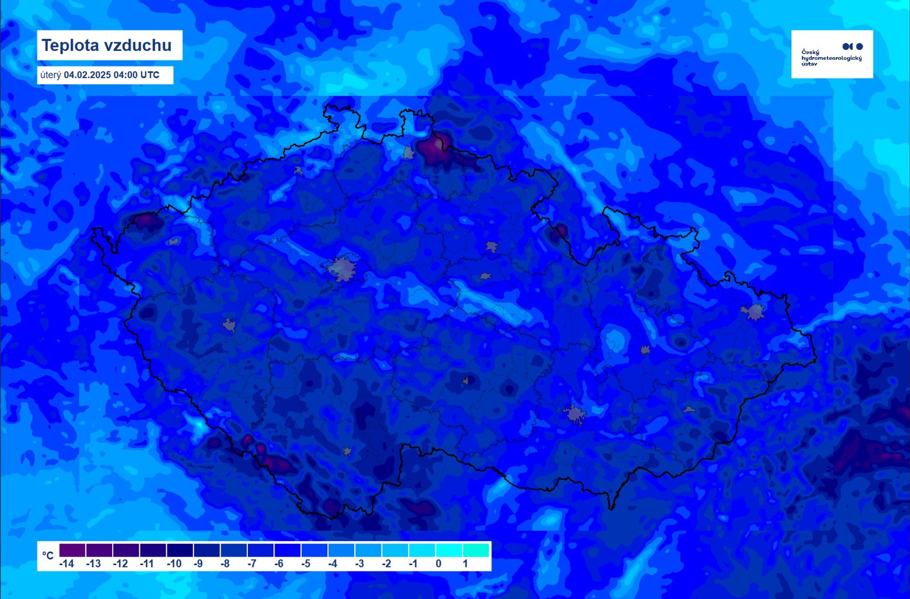 Teplota vzduchu 4. 2. 2025, 4:00 - Úterní počasí (1/3)