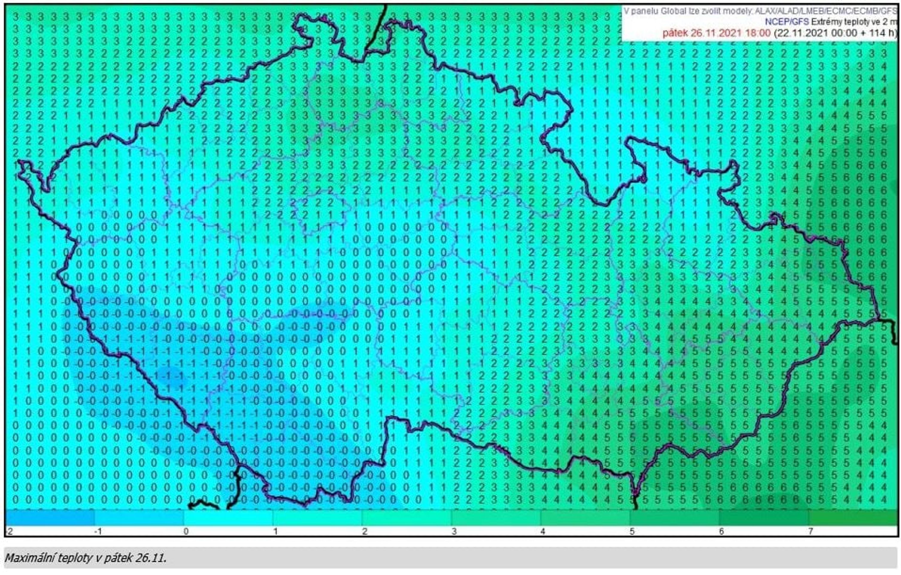 Mapa teplot (26. 11.) - Mapy srážek a teplot (2/4)