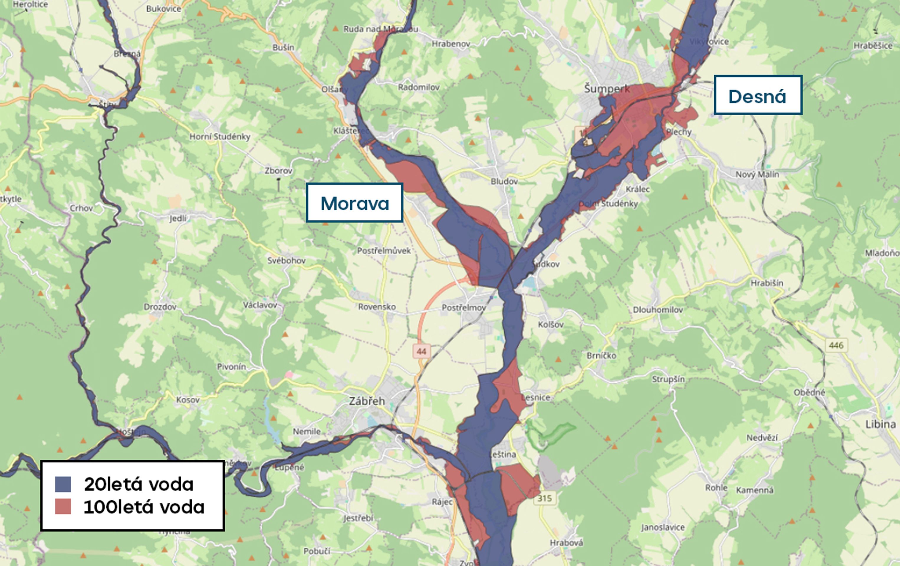 Povodňové mapy - Zábřeh, Šumperk - 20letá a 100letá voda (15/20)