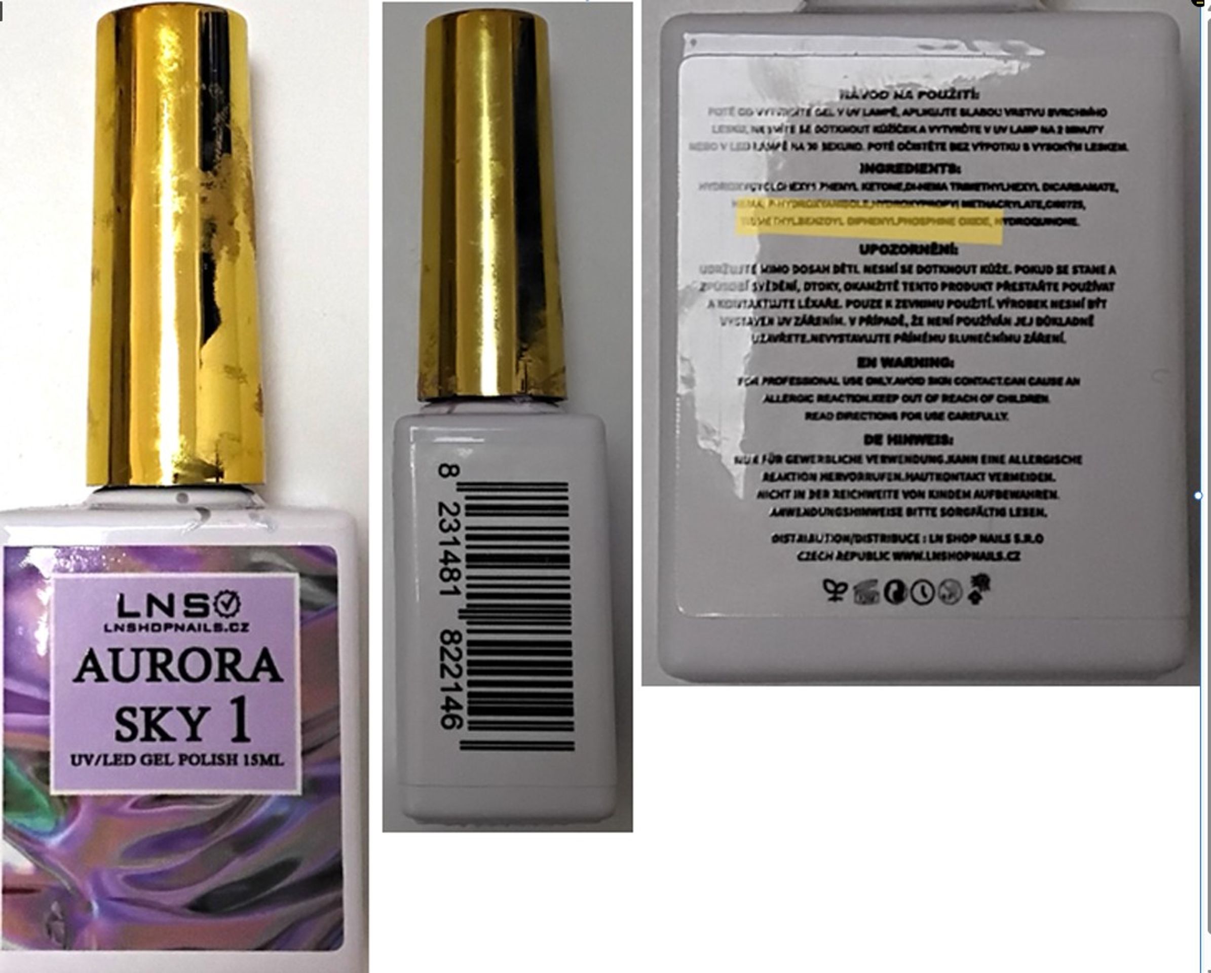 LNS, LNSHOPNAILS.CZ, AURORA SKY 1, UV/LED GEL POLISH 15ML, 001, 002, 003, 004, 005, 006 - Závadná kosmetika (3/4)