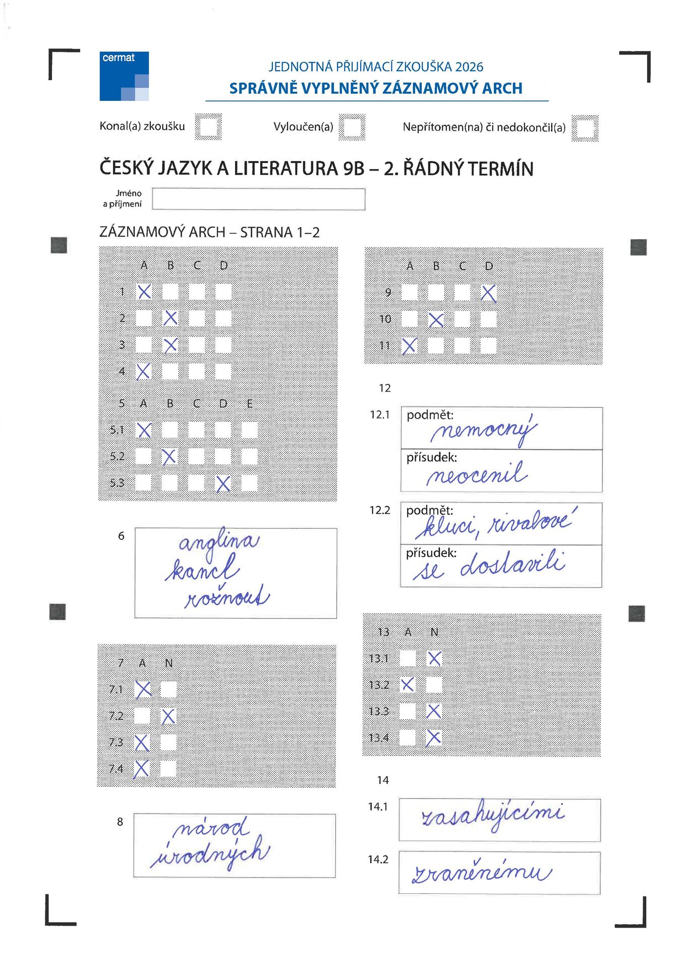 cestina_zaznamovy_arch_vysledky_C9B_2026_VZA_Stránka_1 - Přijímací zkoušky z českého jazyka a literatury (12/13)