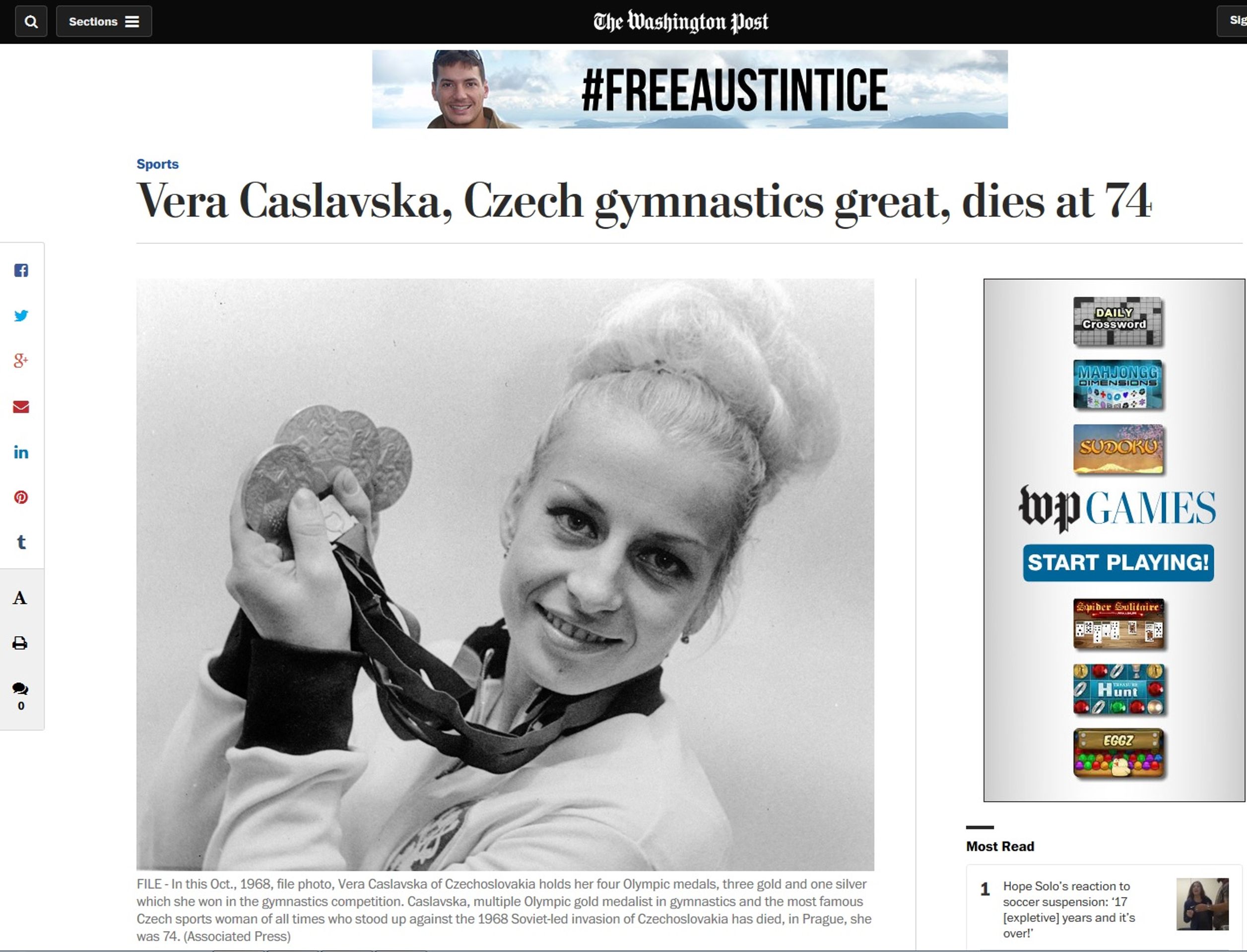 Věra Čáslavská - GALERIE: Světová média píší o smrti Věry Čáslavské (1/5)