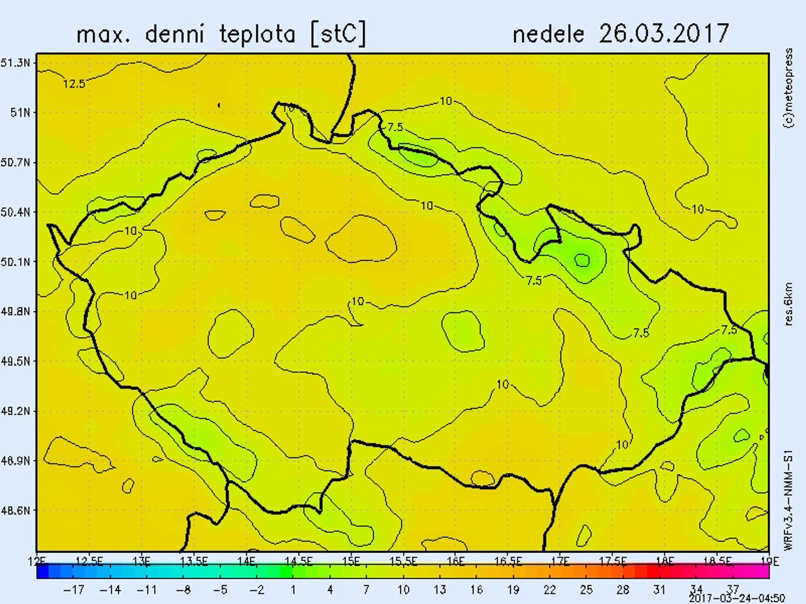 Teplotní mapa - neděle - GALERIE: Mapy počasí (2/6)