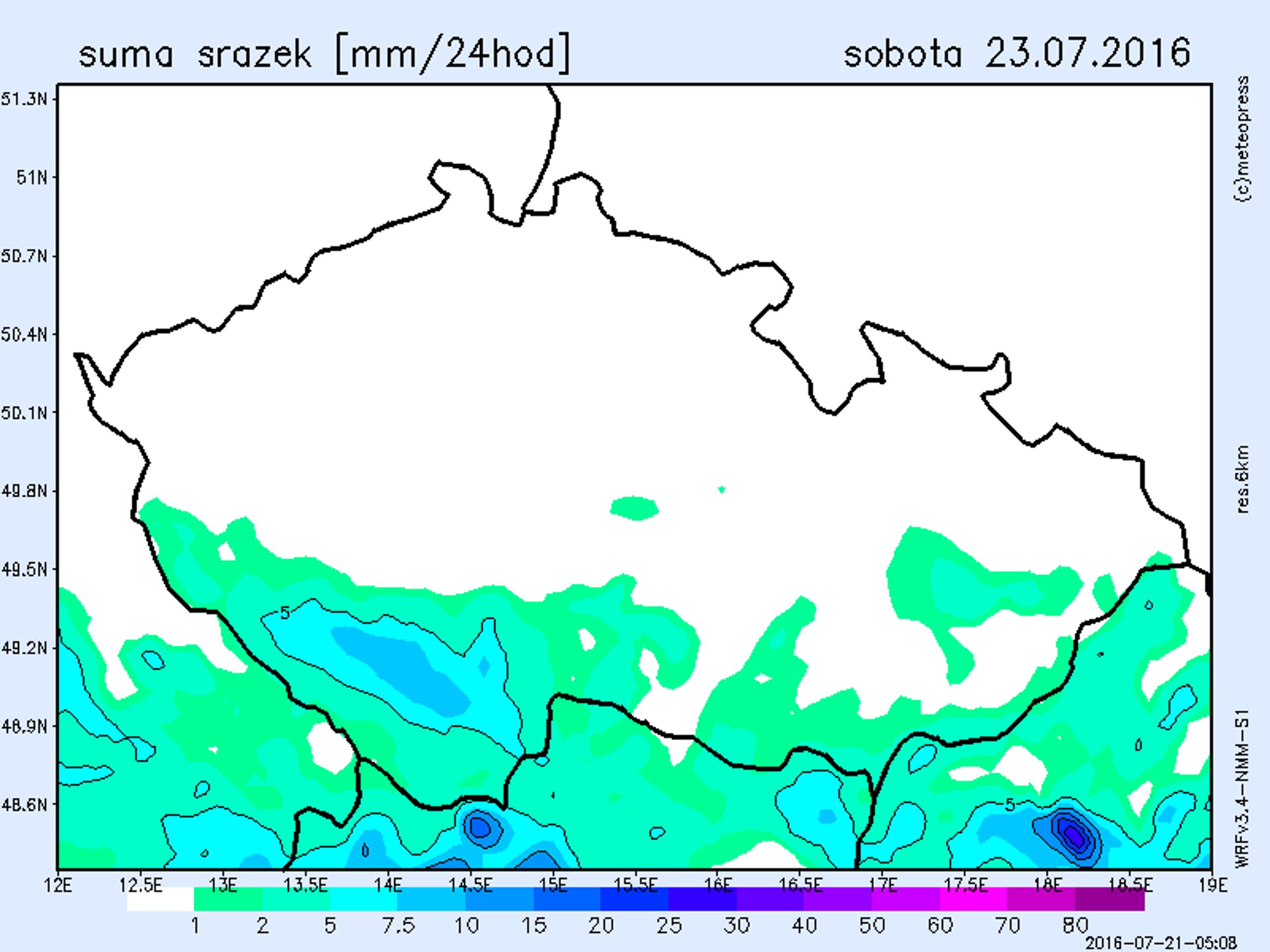 Srážková mapa - sobota 23. července - GALERIE: Srážkové mapy od 21. do 24. července (3/4)