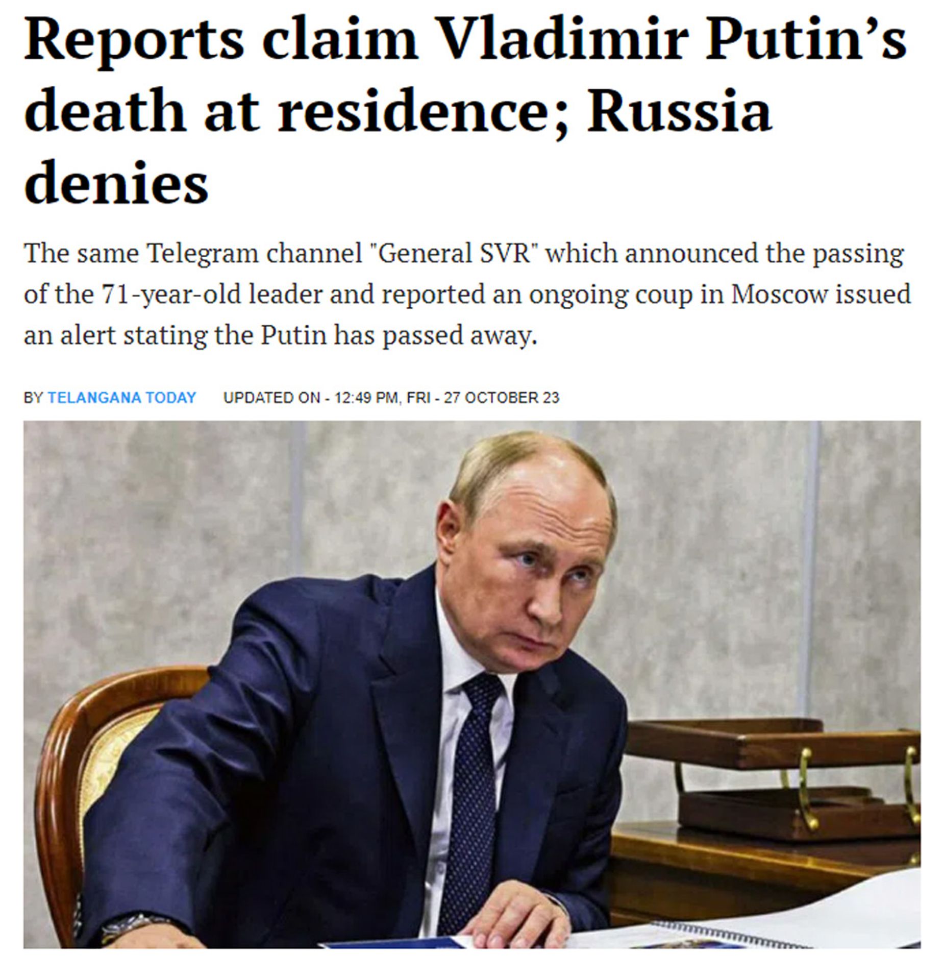 Putin Telangana Today - Světová média o úmrtí Vladimira Putina (2/4)