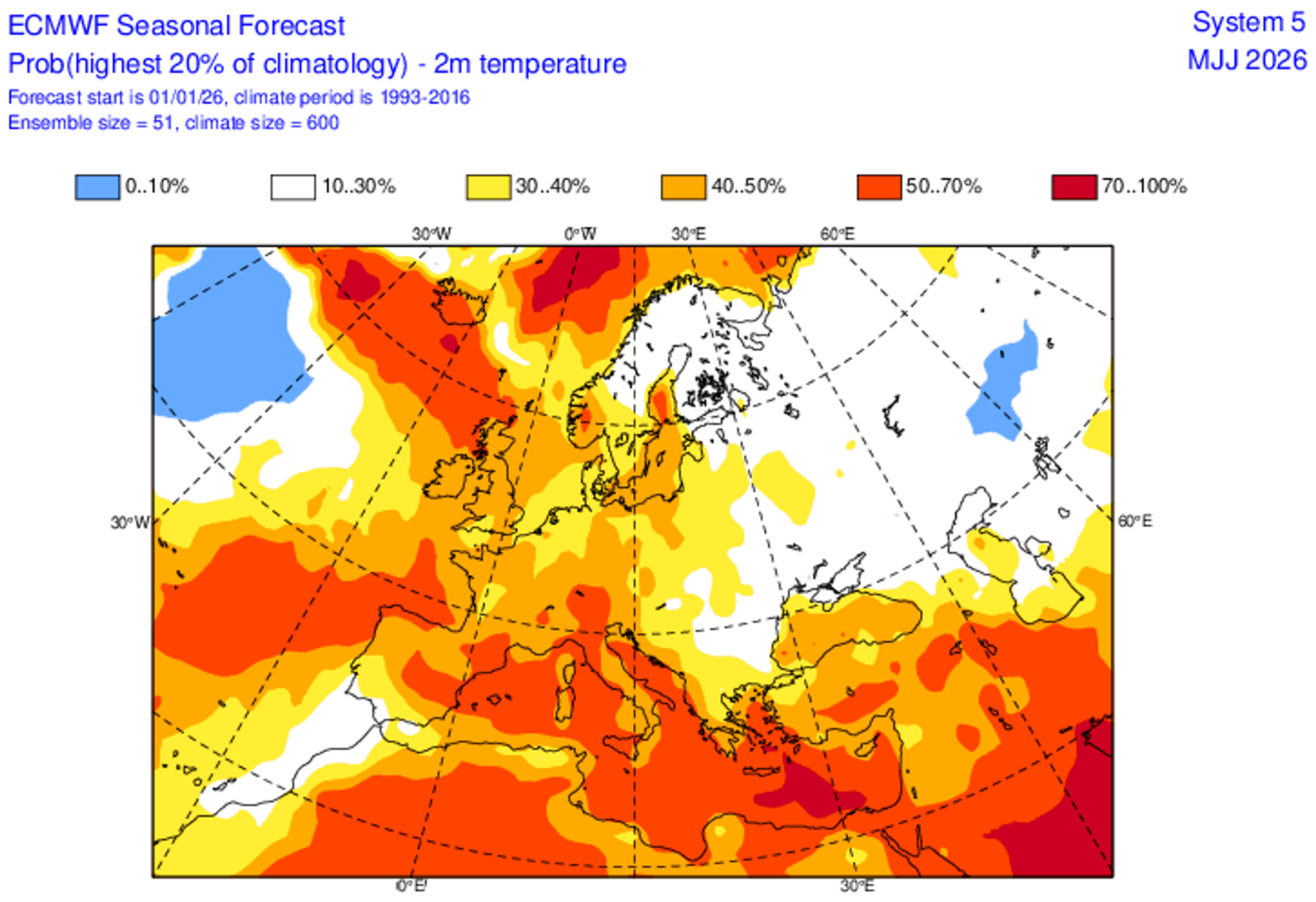 Pravděpodobnost, že pro dané roční období leží průměrná teplotní anomálie v nejvyšším kvintilu 24letého klimatologického rozdělení  –  květen 2026 - Předpověď na jaro (6/6)