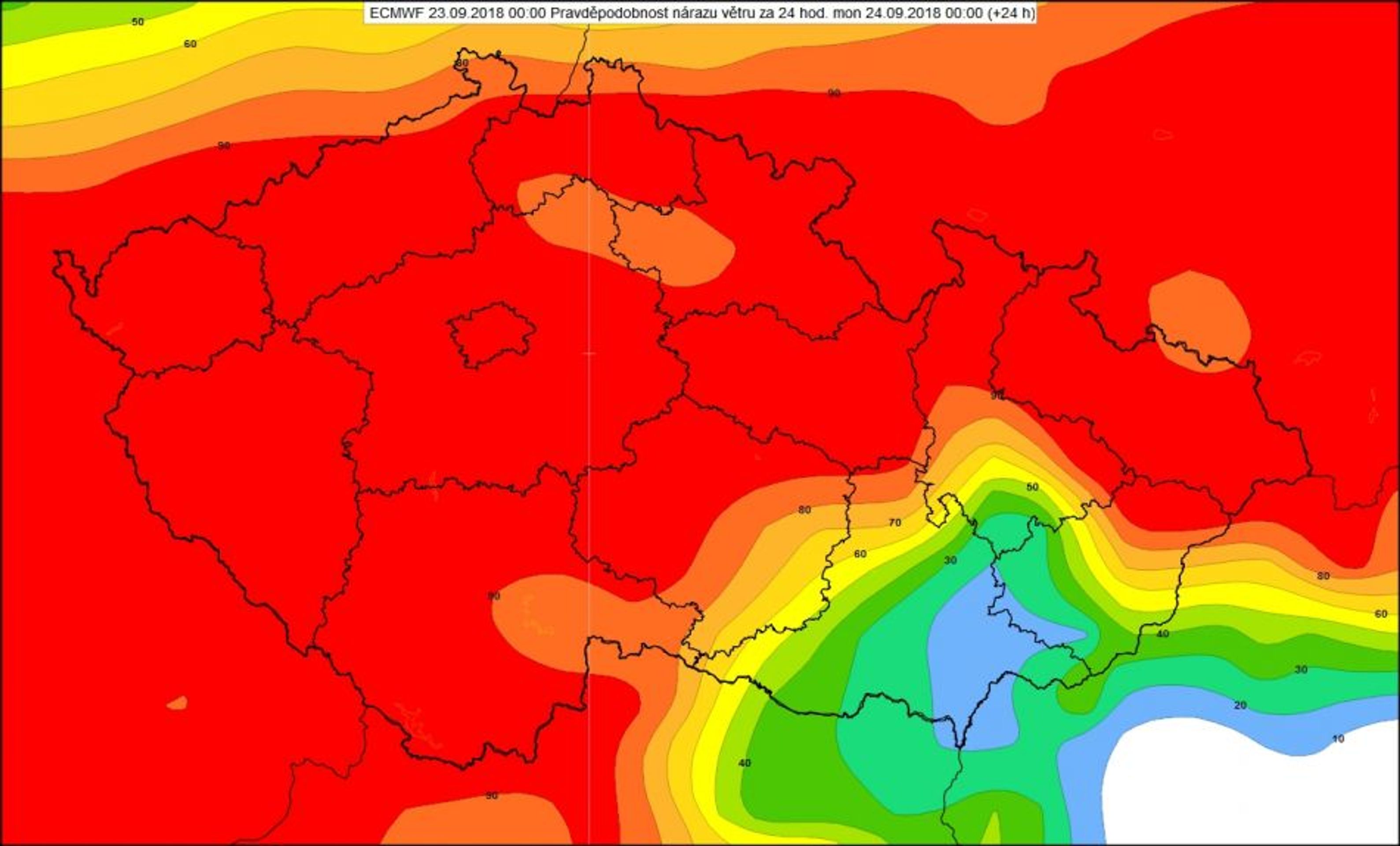 Mapa pravděpodobnosti nárazů větru nad 20 m/s na 24. 9. - GALERIE: Mapa pravděpodobnosti silných nárazů větru v ČR (1/4)