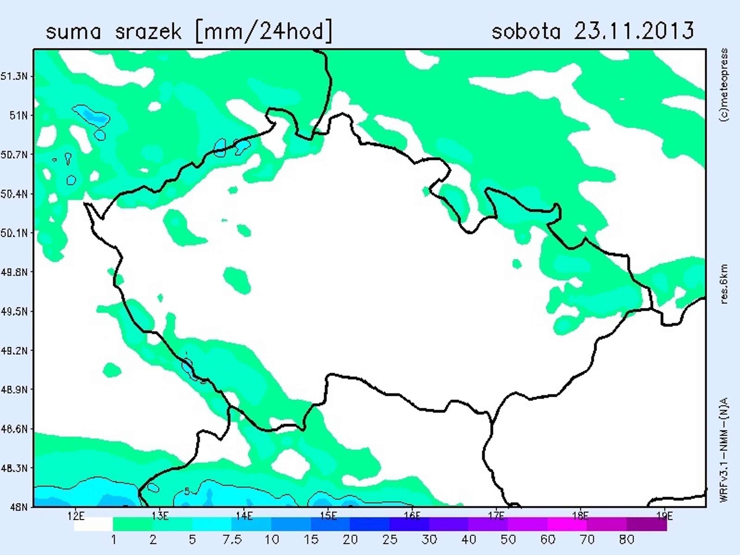 Mapa srážek na sobotu - GALERIE: Mapy srážek na víkend (3/4)