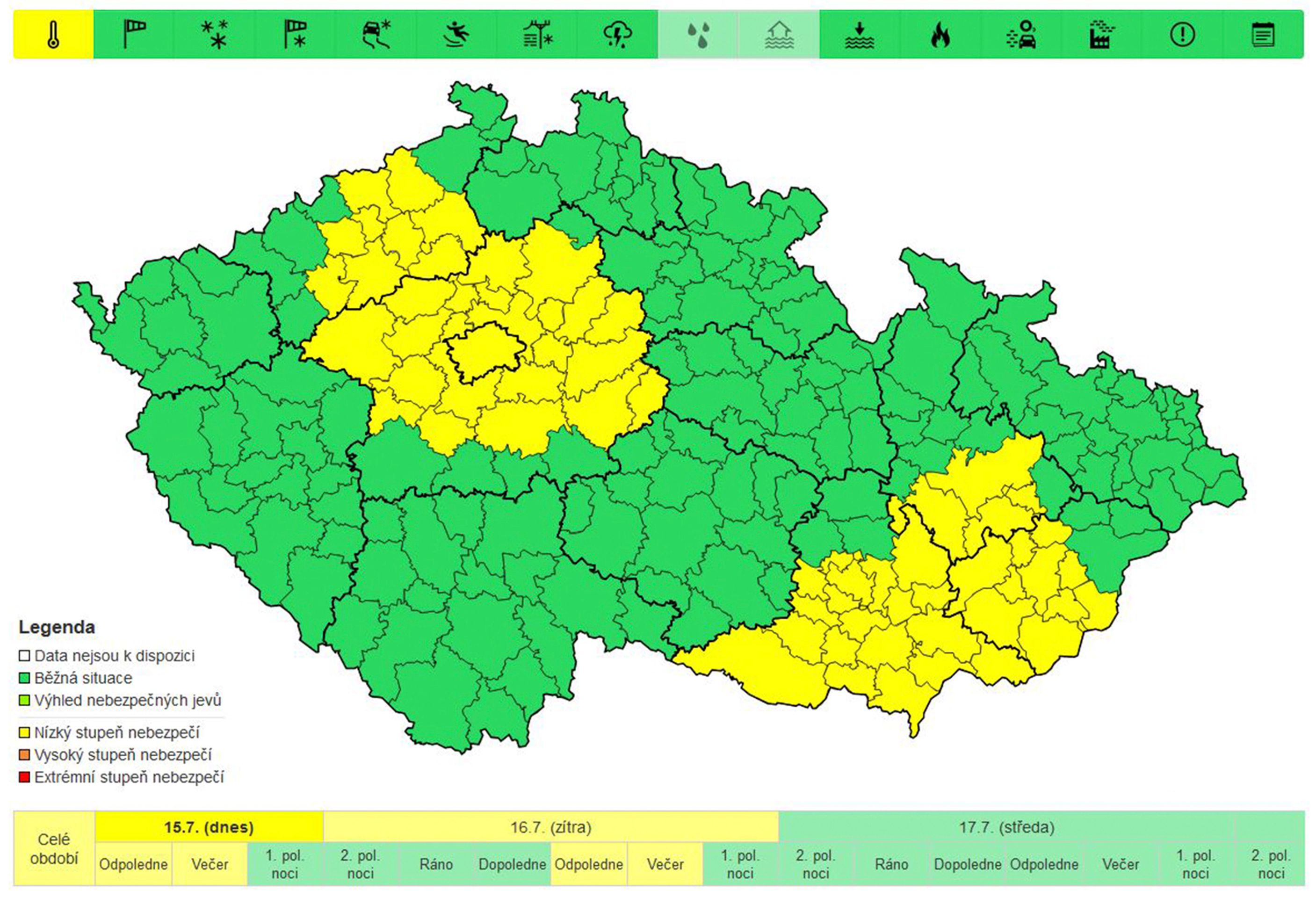 Výstraha před vedry 15. 7. 2024 - Výstrahy ČHMÚ (1/3)