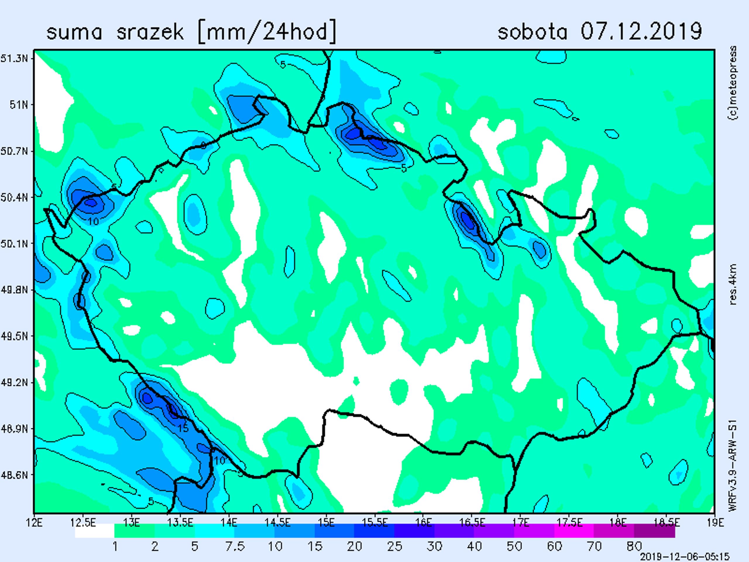 Srážkové mapy - sobota 7. 12. 2019 - GALERIE: V Česku napadne čerstvý sníh (2/4)