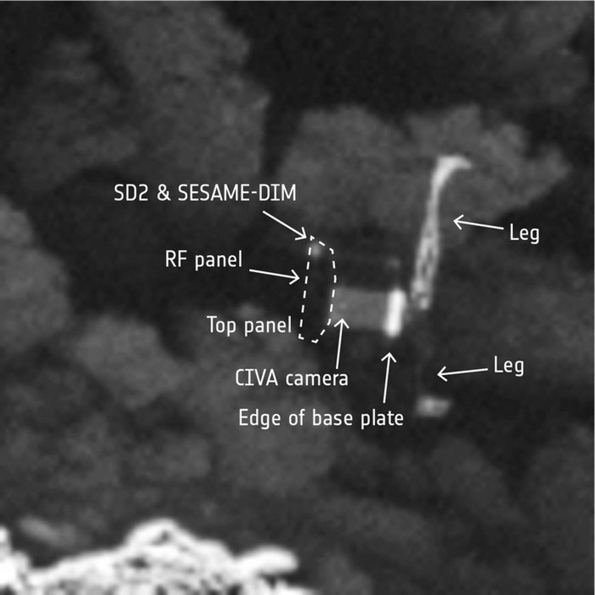 Detail modulu s popisky - GALERIE: Ztracený modul Philae nalezen (4/5)