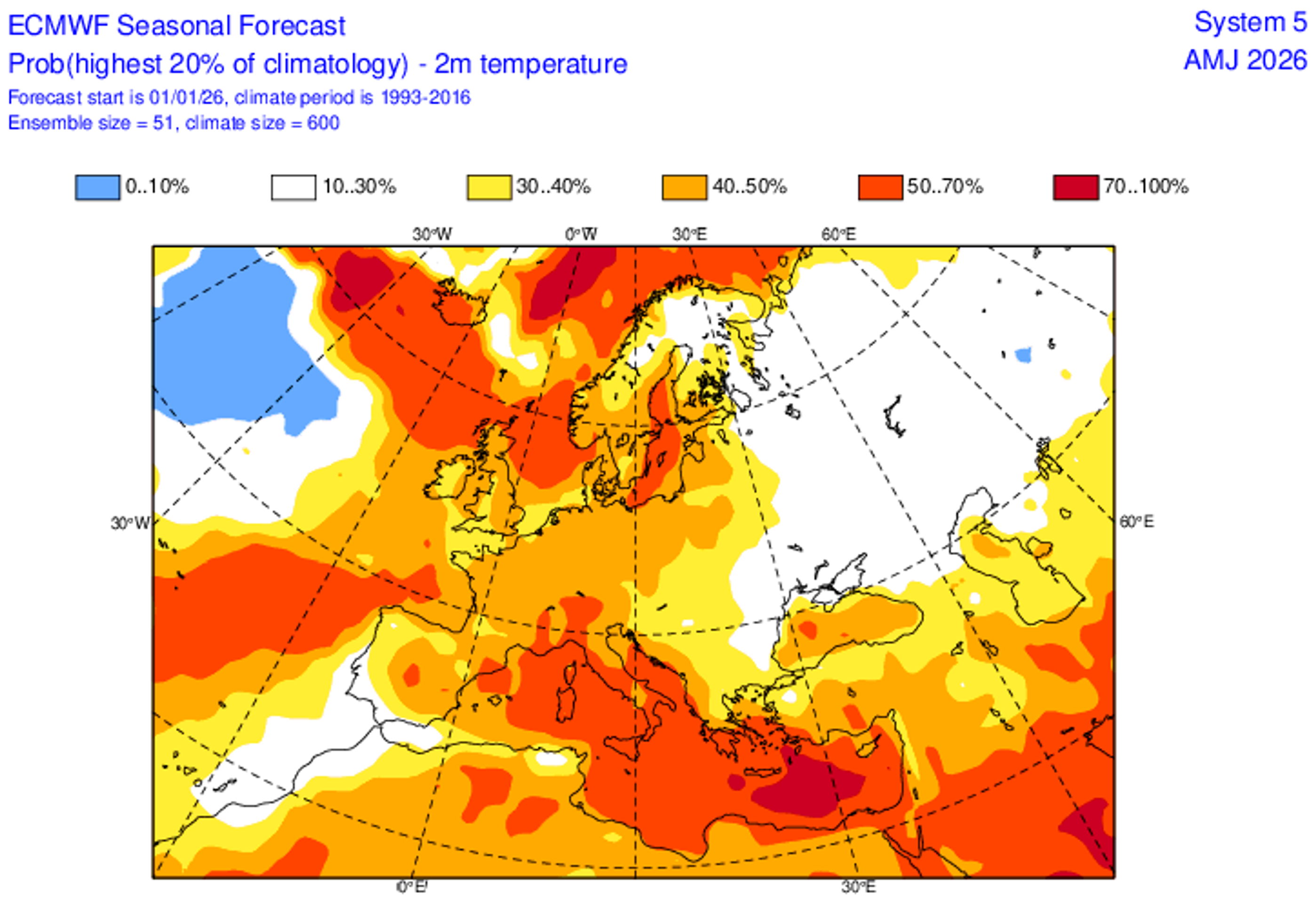Pravděpodobnost, že pro dané roční období leží průměrná teplotní anomálie v nejvyšším kvintilu 24letého klimatologického rozdělení  –  duben 2026 - Předpověď na jaro (5/6)