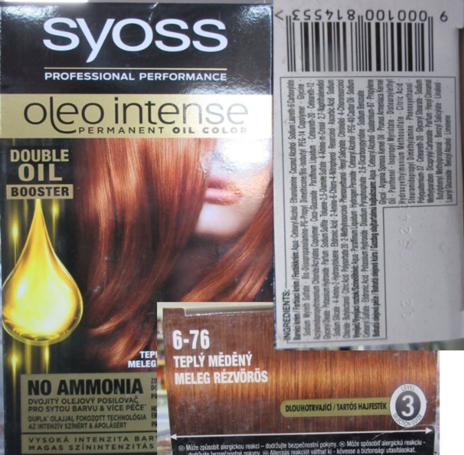 SyOSS, PROFESSIONAL PERFORMANCE, oleo intense, PERMANENT OIL COLOR, DOUBLE OIL BOOSTER, TEPLÝ MĚDĚNÝ 6-76 - Nebezpečná kosmetika (5/5)