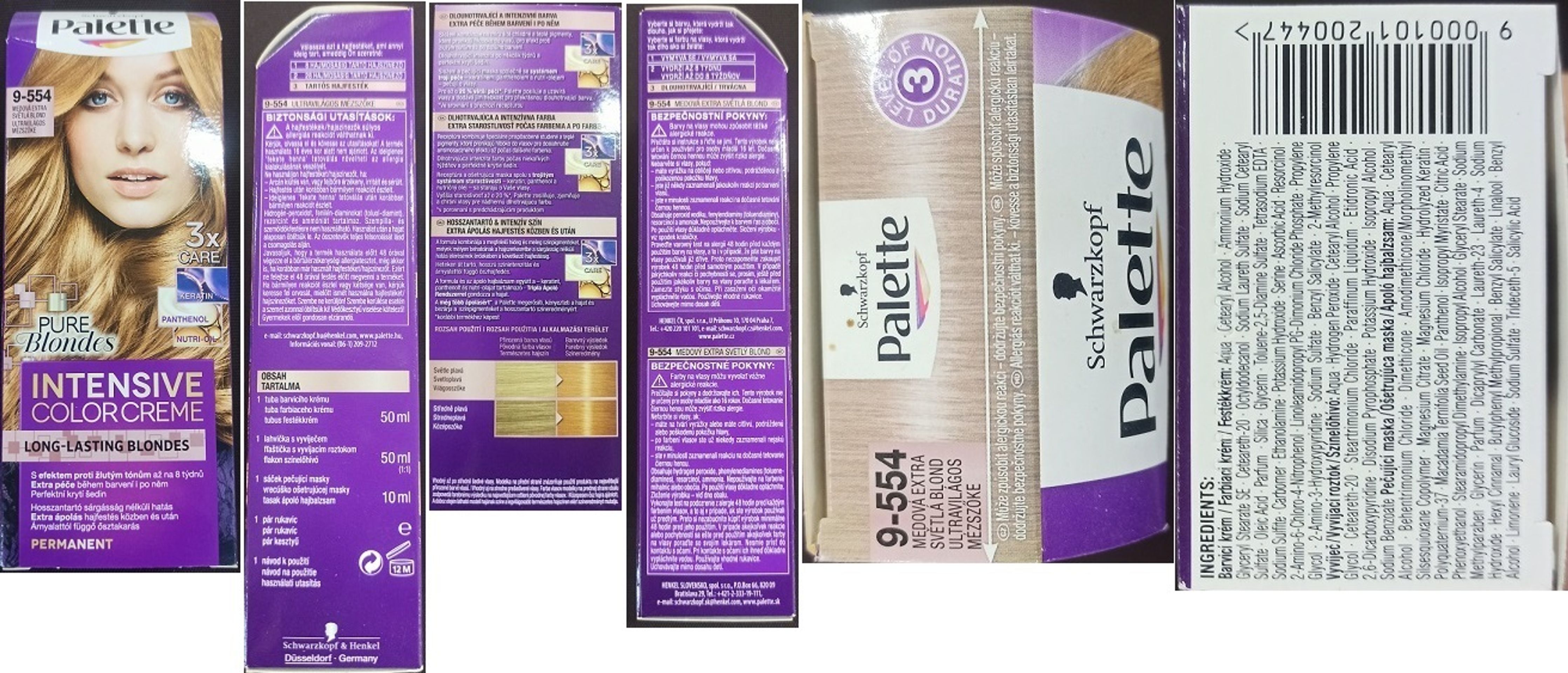 Schwarzkopf, Palette, INTENSIVE COLOR CREME, LONG-LASTING BLONDES, PURE Blondes, 9-554 MEDOVÁ EXTRA SVĚTLÁ BLOND, 3 x CARE - Nebezpečné kosmetické přípravky (3/5)