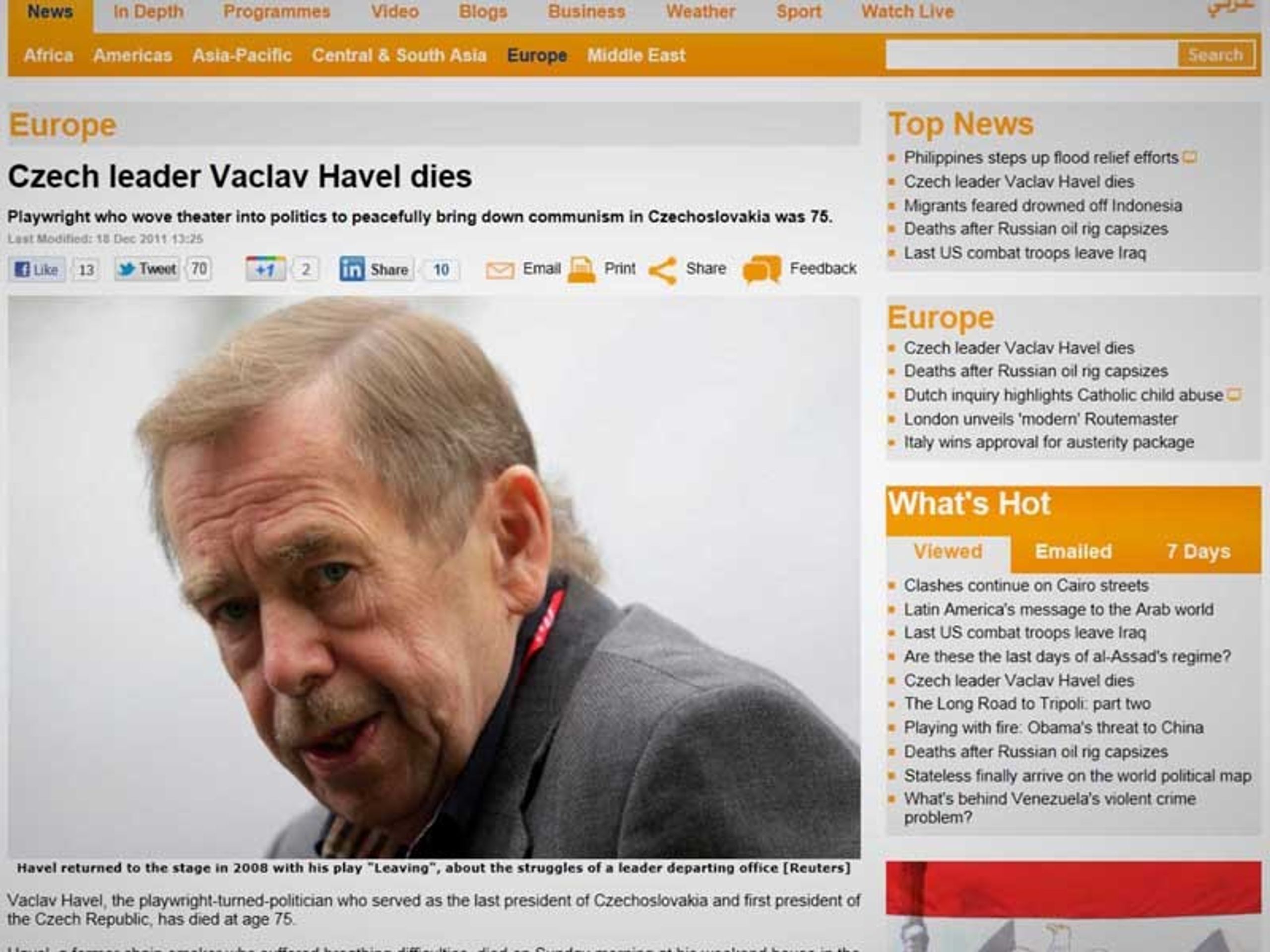 Zpravodajské servery reagují na úmrtí Václava Havla - 9 - GALERIE: Zpravodajské weby informují o úmrtí Václava Havla (10/12)
