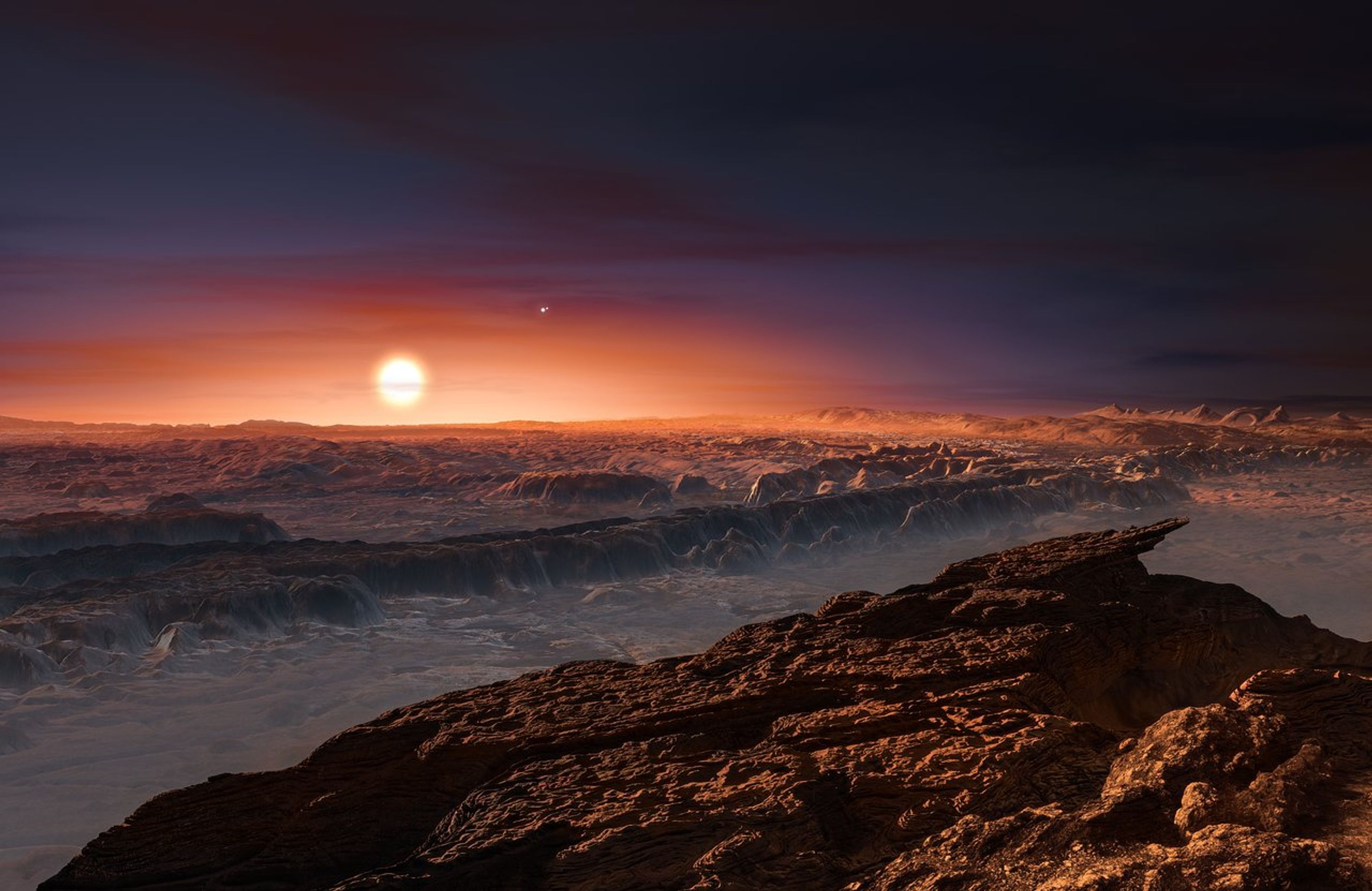 Umělecké zobrazení povrchu Proximy b a hvězdy Proxima Centauri - GALERIE: Vědci nalezli novou exoplanetu u sousední hvězdy (2/7)