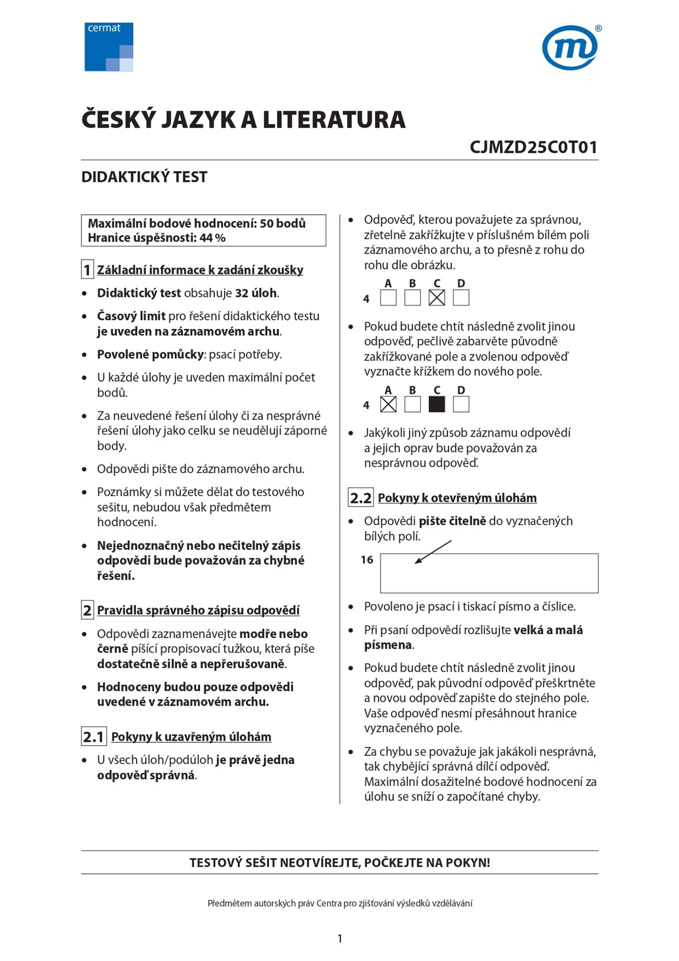 Didaktický test z českého jazyka 2025 (1) - Didaktický test z českého jazyka 2025 (1/11)