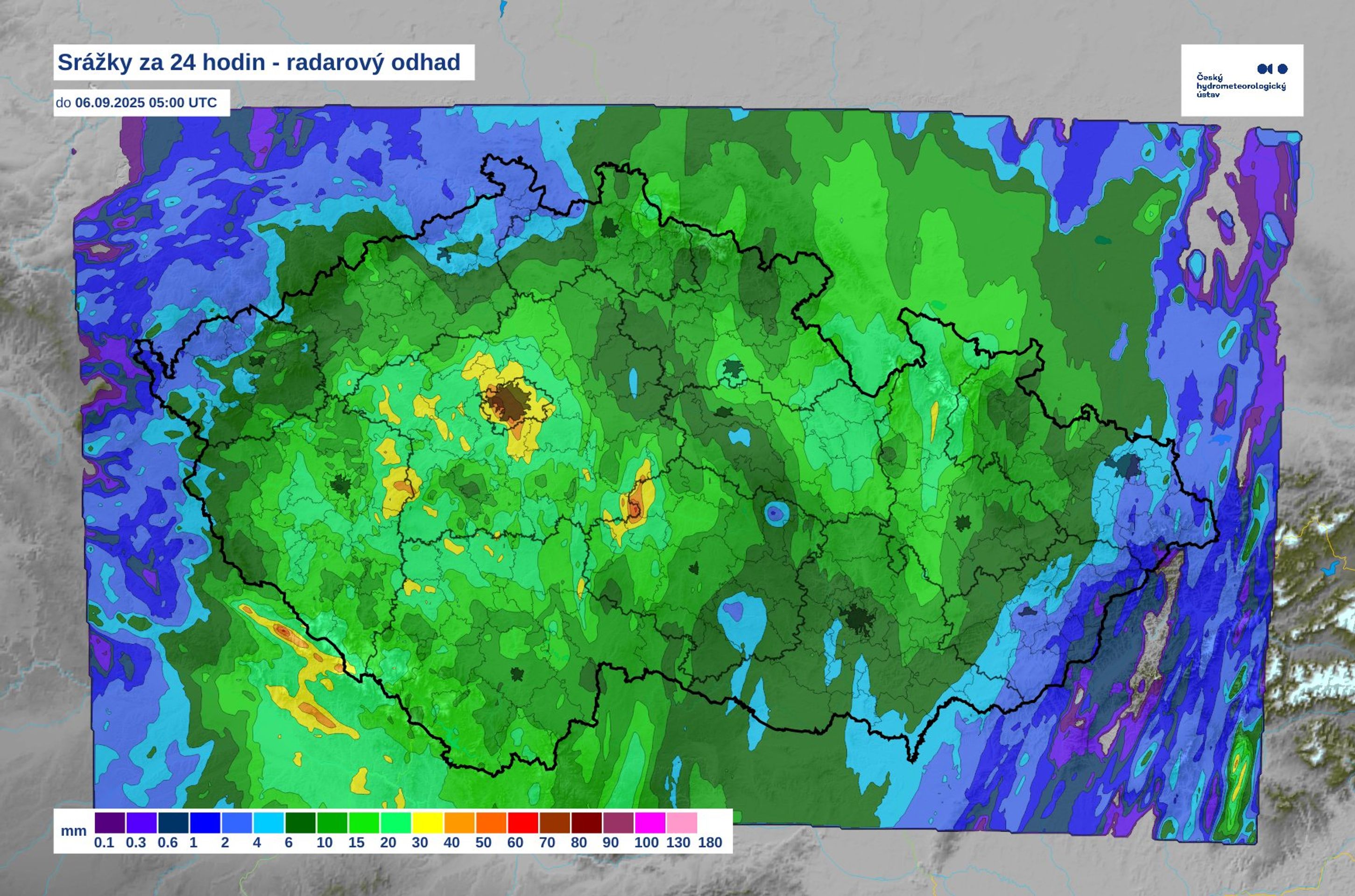 Radarový odhad srážek - Mapa počasí – 6. 9. 2025 (1/4)
