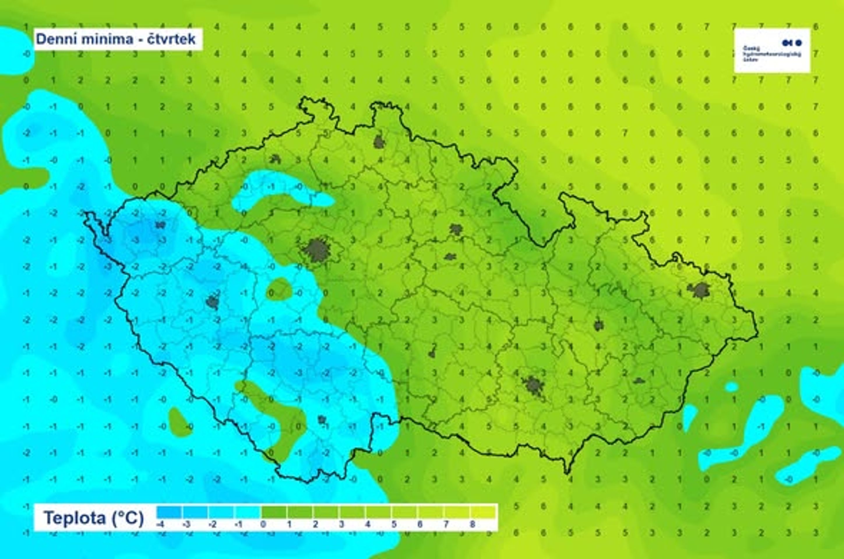 Denní minima - čtvrtek - Předpověď počasí (2/3)
