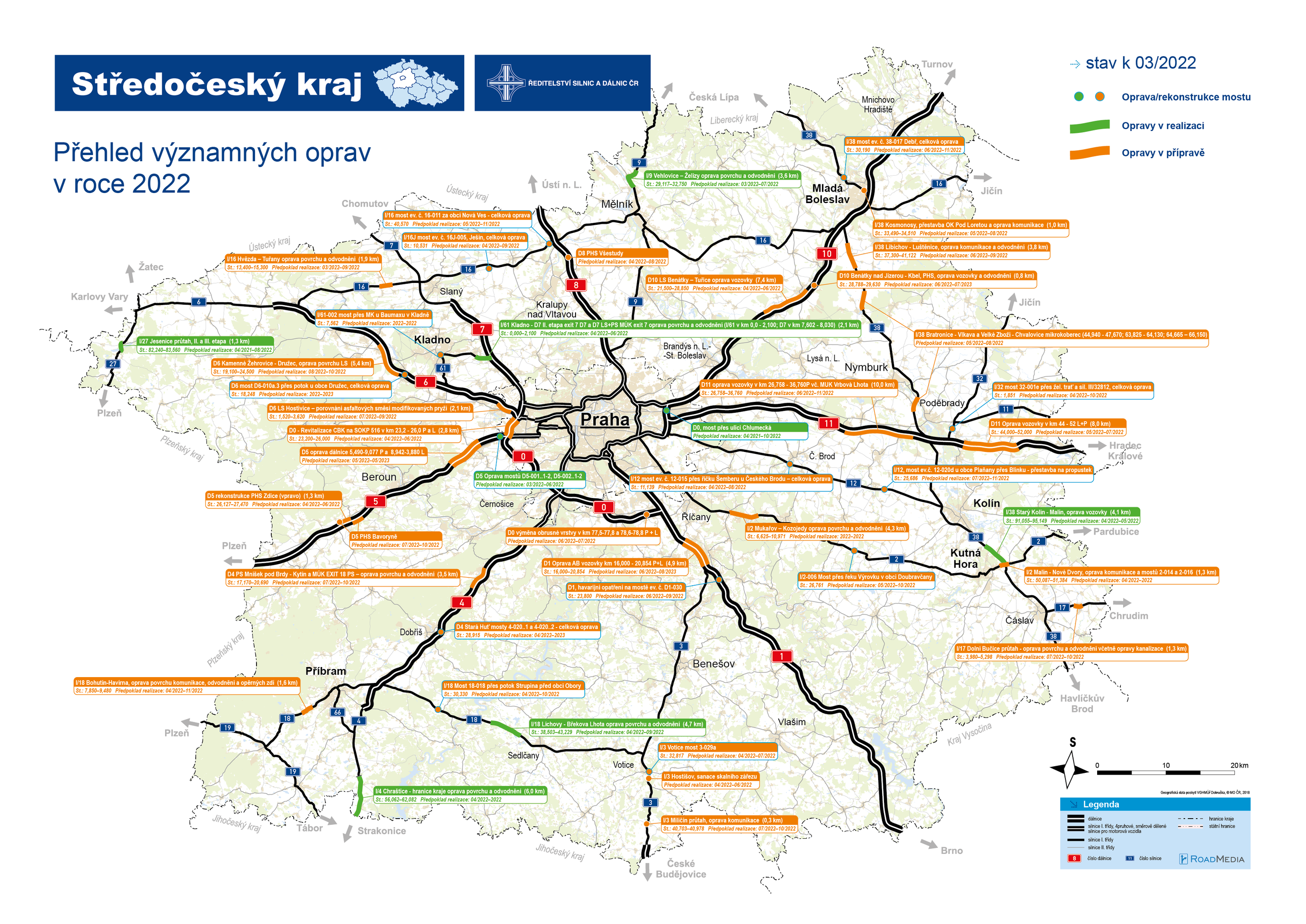 Mapa oprav - Středočeský kraj - Mapy oprav silnic v roce 2022 (1/13)