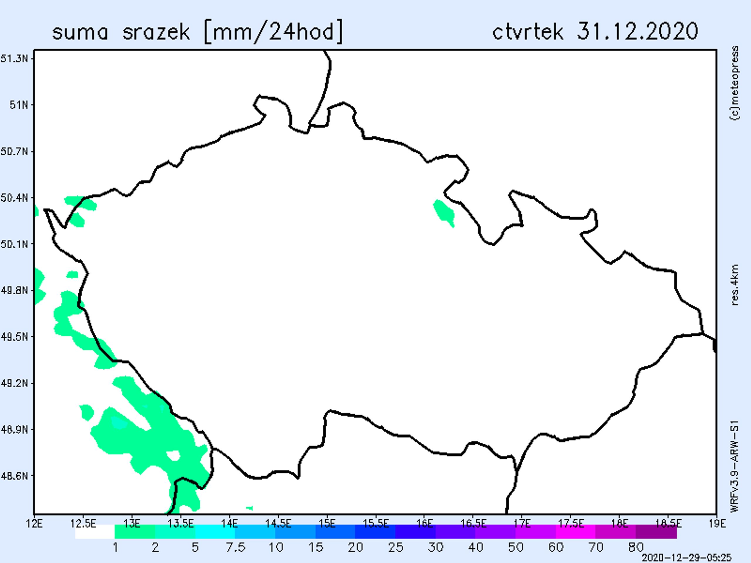 Srážková mapa - čtvrtek 31. prosince - GALERIE: Srážkové mapy od 29. prosince do 1. ledna 2021 (3/4)